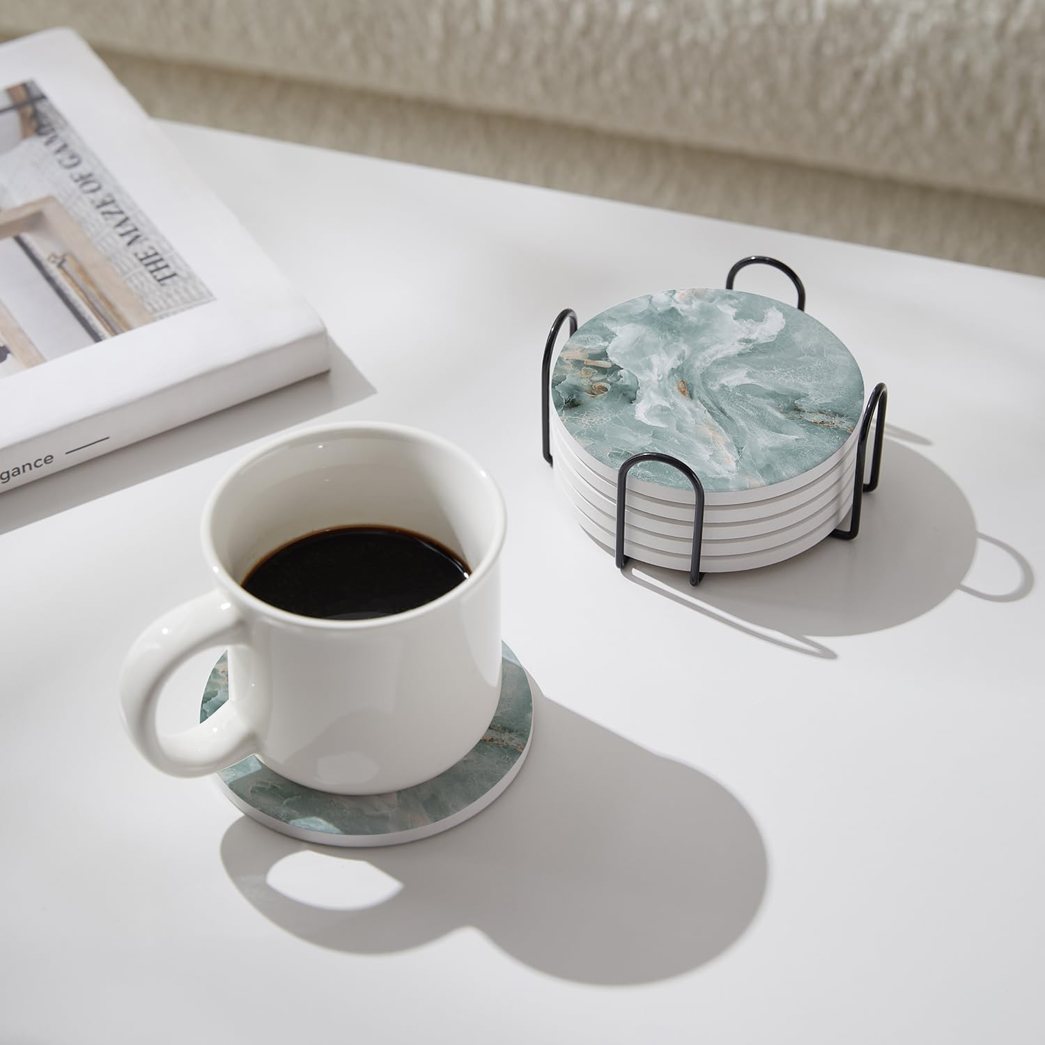 Set of 6 Abstract Marble Coasters with Holder, Absorbent Ceramic Coasters for Drinks, Coasters with Cork Backing for Table Protection, Housewarming Gifts for New Home image number 5