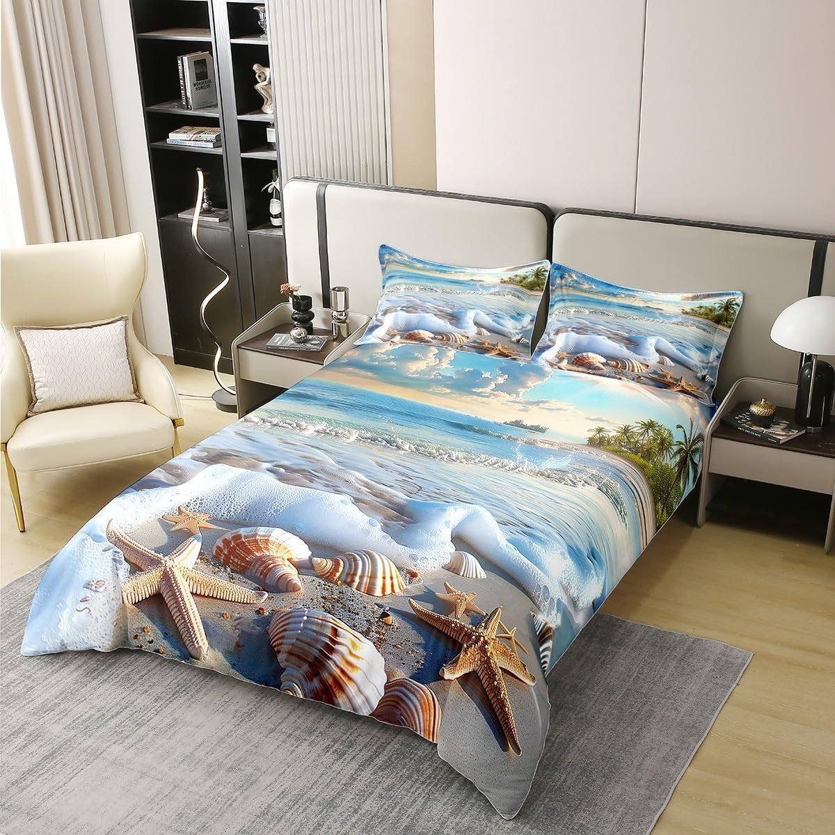 100% Cotton Beach Ocean Duvet Cover 135 X 200 Cm Sea Wave Starfish Shell Bed Linen Set Sunrise Sunset View Scene Bed Linen Hawaii Sea Coast Summer Coast Seascape Bed Set image number 6