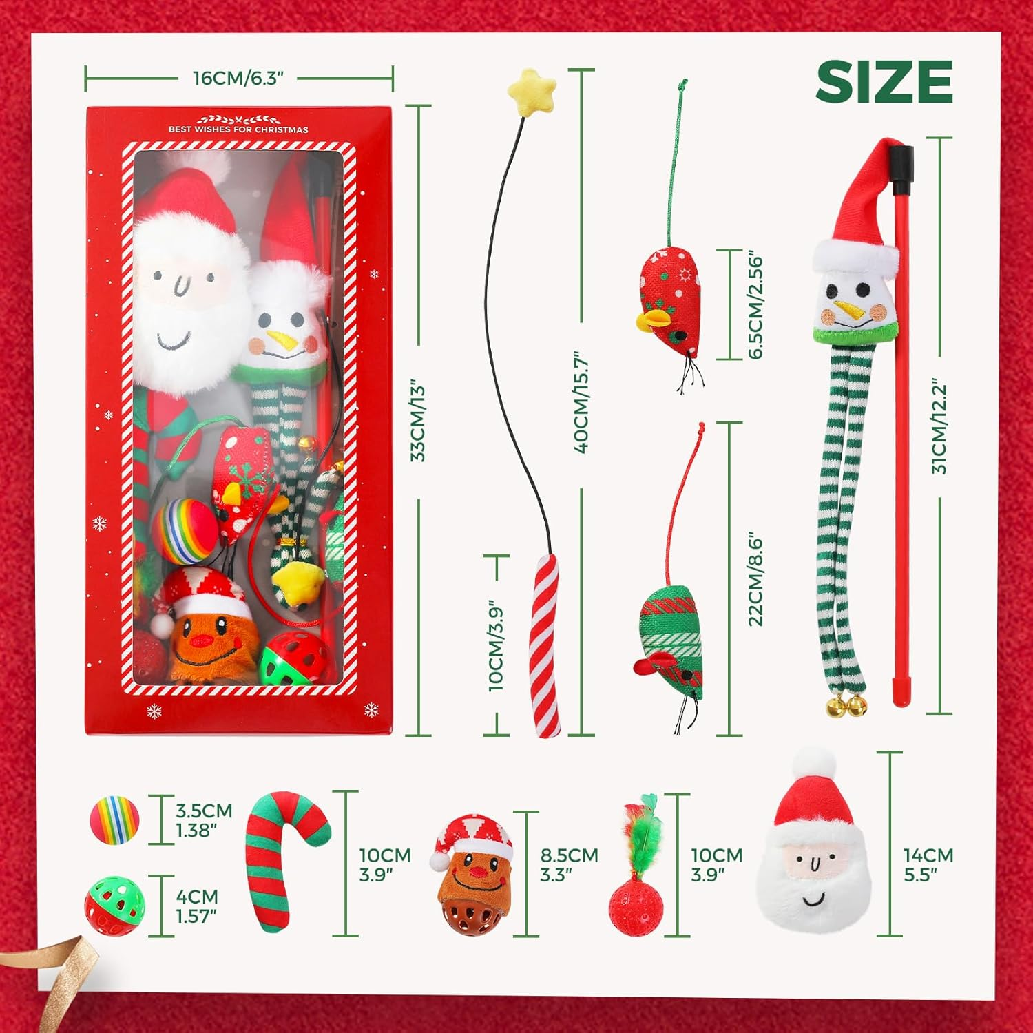 PAWZ Road Christmas Cat Toys 10 Piece Set Plush Santa Candy Cane, Reindeer Bell Ball, Mice & Feathers, Cats & Kittens image number 2