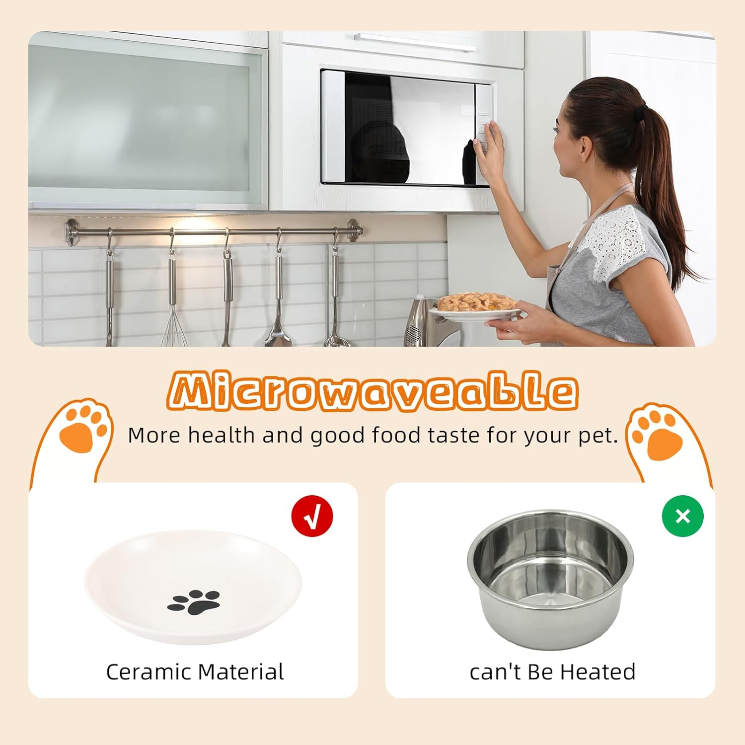 Cat Bowl, 1 Piece Ceramic Feeding Bowl with 1 Non-Slip Mat, Cat Bowl Set, Kitten Feeding Bowl, Wide and Flat Pet Feeding Bowl or Plate for Cats and Small Dogs - Fish Bones + Footprints image number 6