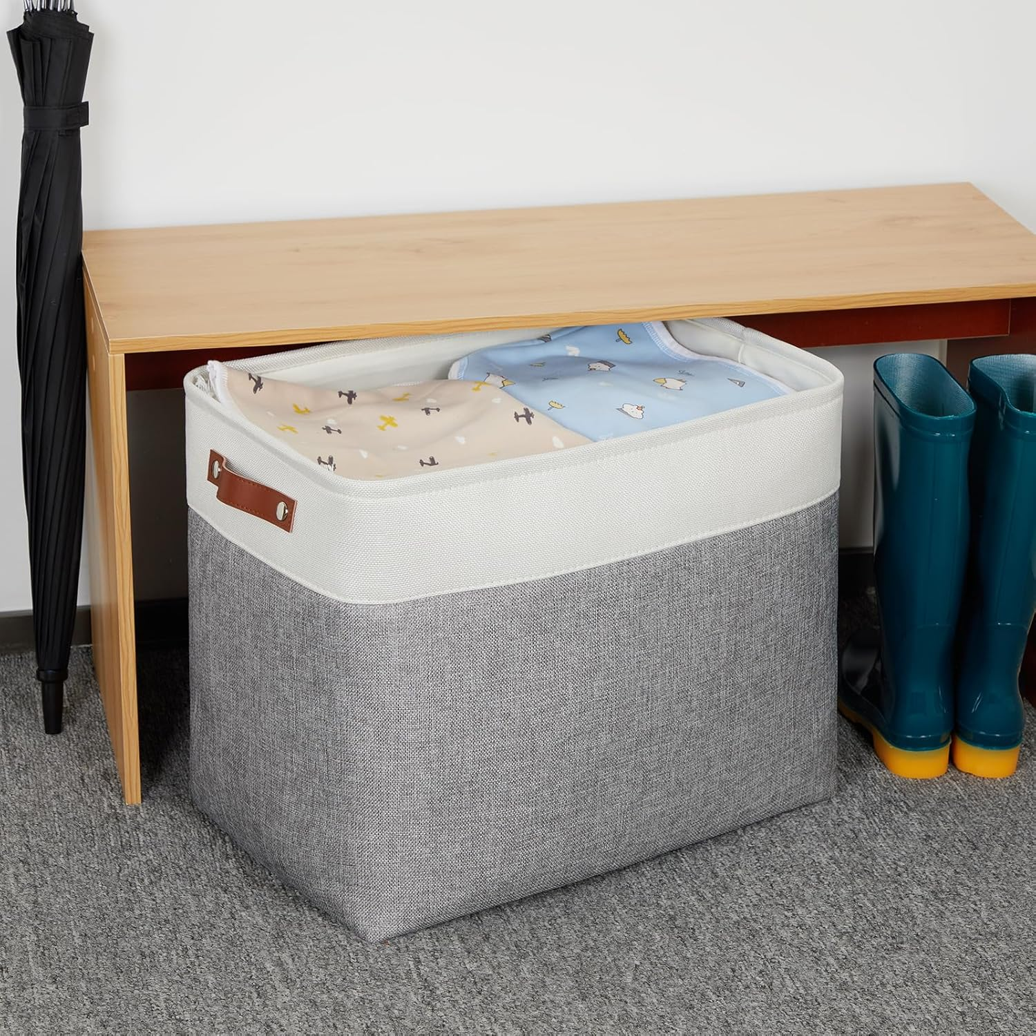 DULLEMELO Extra Large Storage Baskets, Fabric Storage Bins for Organizing Shelves Nursery Toys Books, Closet Baskets and Bins with Handles, White&Grey, 2-Pack