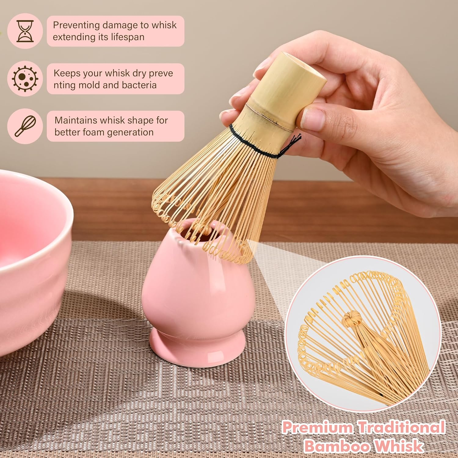 Matcha Whisk Set, Japanese Tea Set Includes Matcha Bowl, Matcha Whisk and Stand, Bamboo Spoon, Spoon Stand, Tea Towel and Stainless Steel Sieve - 17Oz Ceramic Matcha Set (Pink)