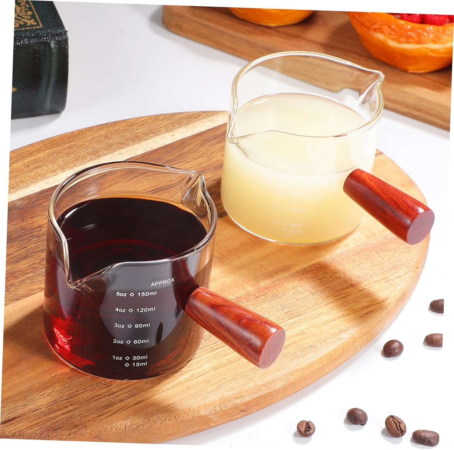 WEKADRIN 2 Pcs Glass Creamer Pitchers with Wood Handle Espresso Measuring Cups Graduated Borosilicate Glass for Coffee Milk Syrup Safe Rounded Edges Compact Design for Home and Cafe Use image number 6