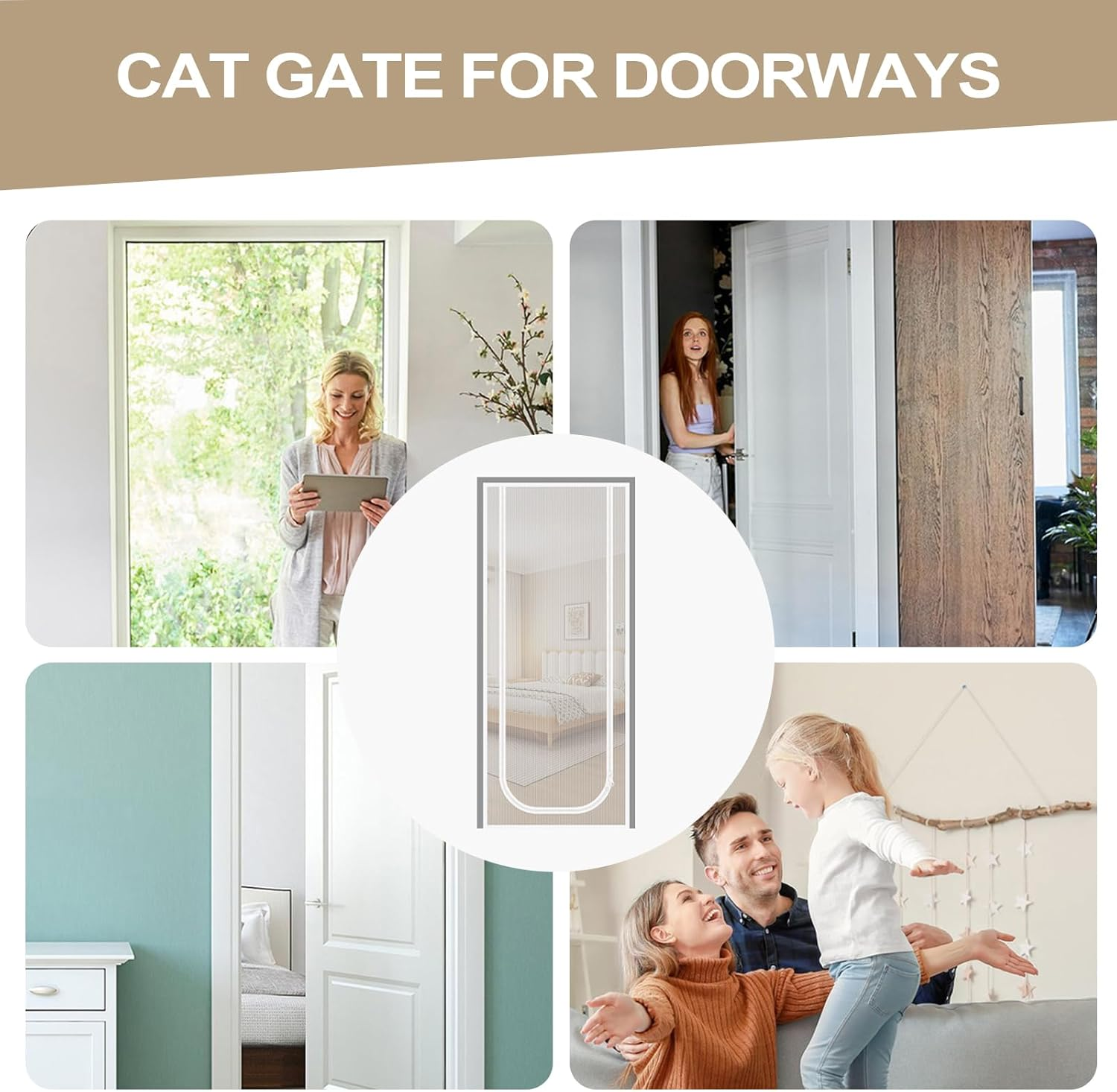 Mesh Screen Door, Indoor Cat Resistant Mesh Door with Zipper, Cat Safety Escape Proof Screen Gate for Patio Living Room Home Kitchen Doorway Bathroom Balcony