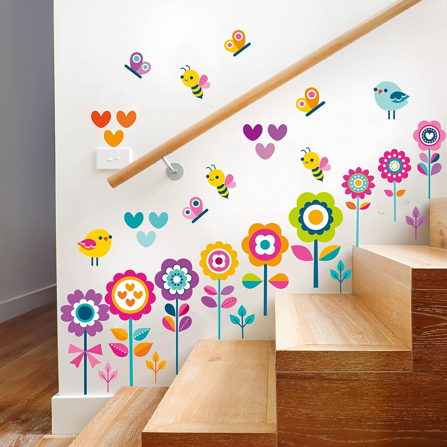 Flowers Wall Stickers for Kids Bedroom -Butterfly Bee Floral Wall Decals for Girls Room,Classroom,Nursery, Playroom- Removable DIY Peel and Stick Wall Art Decor image number 1