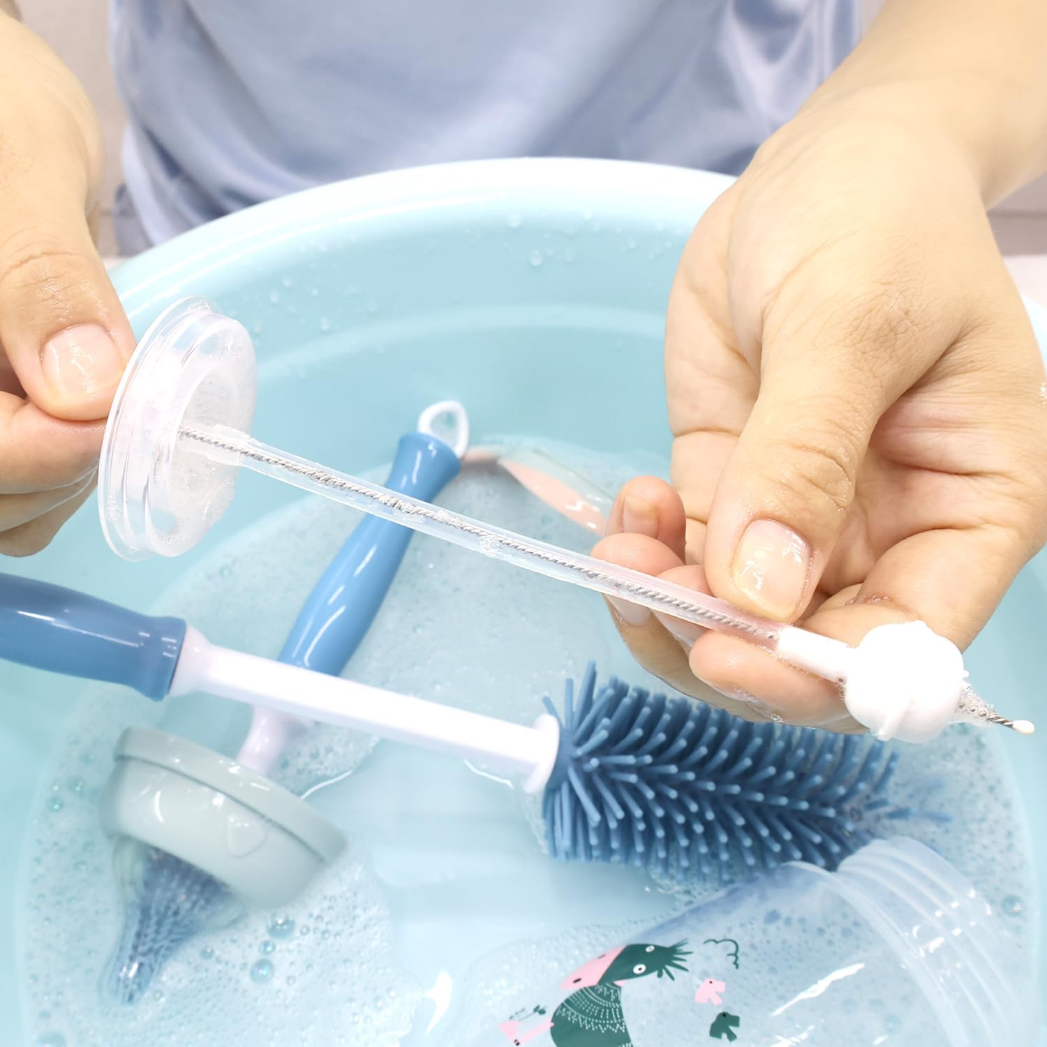 3 Pcs Silicone Bottle Brush Cleaning Set, 12" Long Handle Bottles Cleaner for Baby Bottles, Sports Bottle, Wine Decanter, Narrow Cup, Vase, Glassware, and Smaller Diameter Bottle Openings(Color:Blue) image number 5