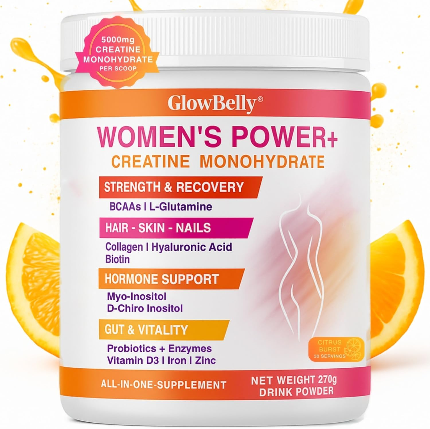 Glowbelly Power+ Women&rsquo;S Wellness Blend | Creatine Monohydrate, Collagen, Bcaas, L-Glutamine, Myo-Inositol, D-Chiro Inositol, Maca, Hyaluronic Acid, Zinc, Biotin, Vitamin D3, Prebiotics & Probiotics | 30 Serves image number 4