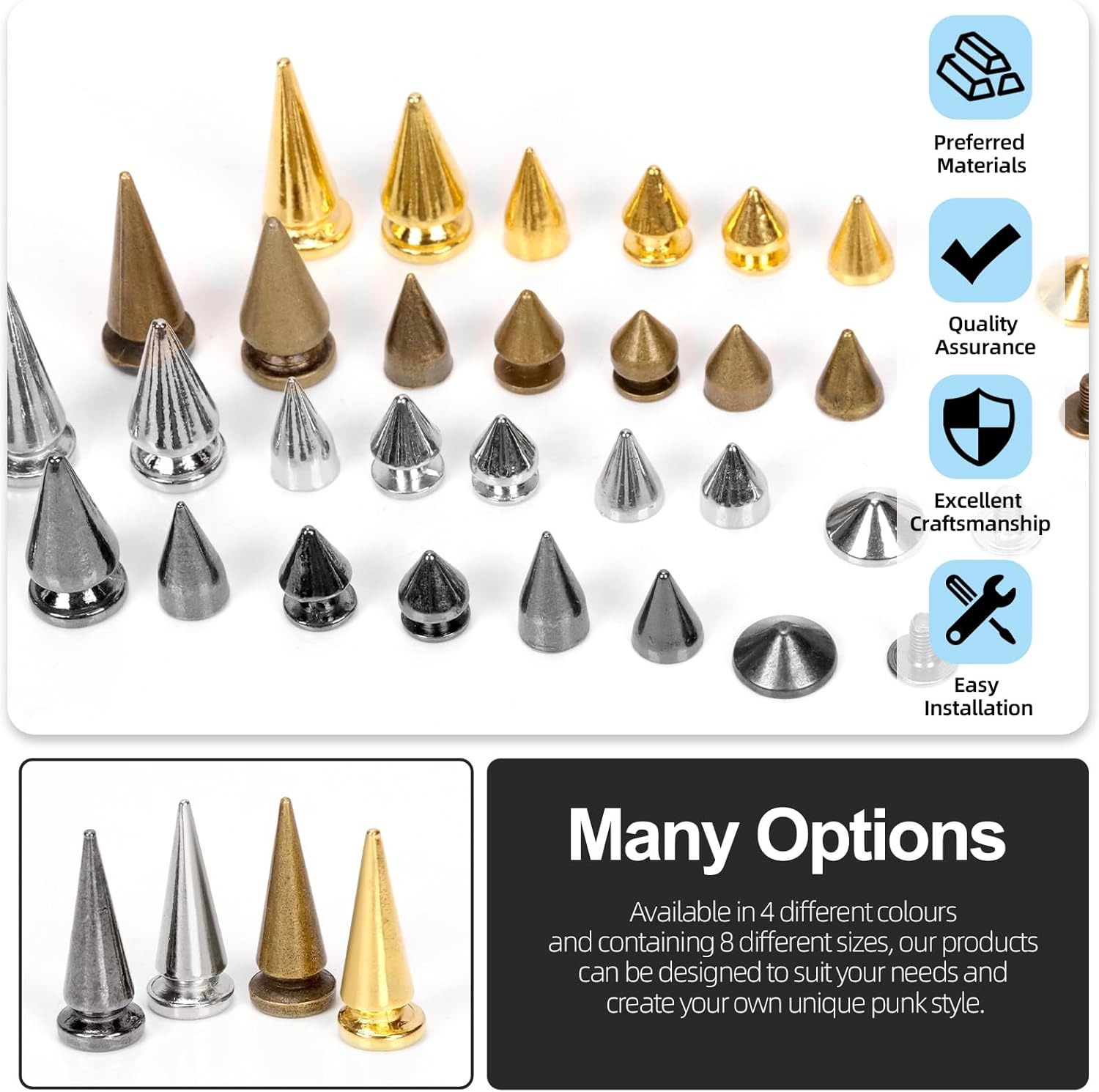 Glarks 355Pcs Silver Punk Spikes and Studs Kit, 7 Sizes Zinc Alloy Cone Spike and Stud Rivet, Metal Leather Tree Spikes Studs with Scratch Awl Screwdriver Punch for Punk Clothing Jacket Shoes Wallet image number 5