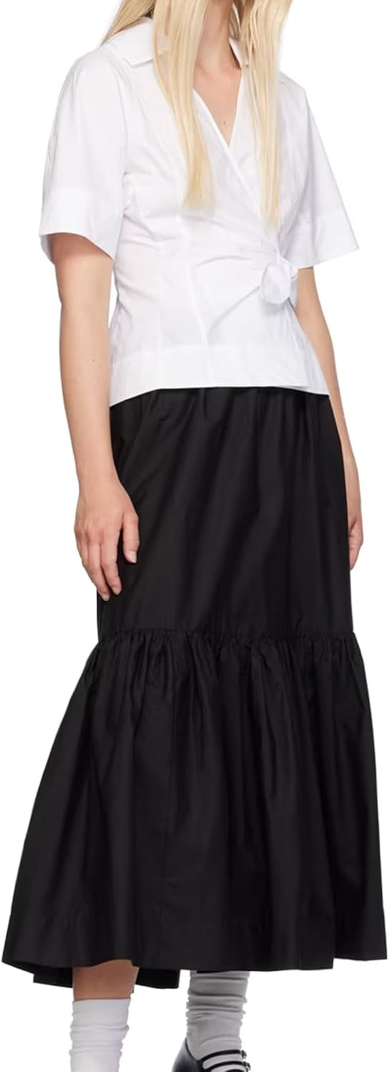 SUNNOW Women'S White Wrap Blouse Shirt V-Neck Spread Collar Self Tie Belt Long Sleeve Top image number 1