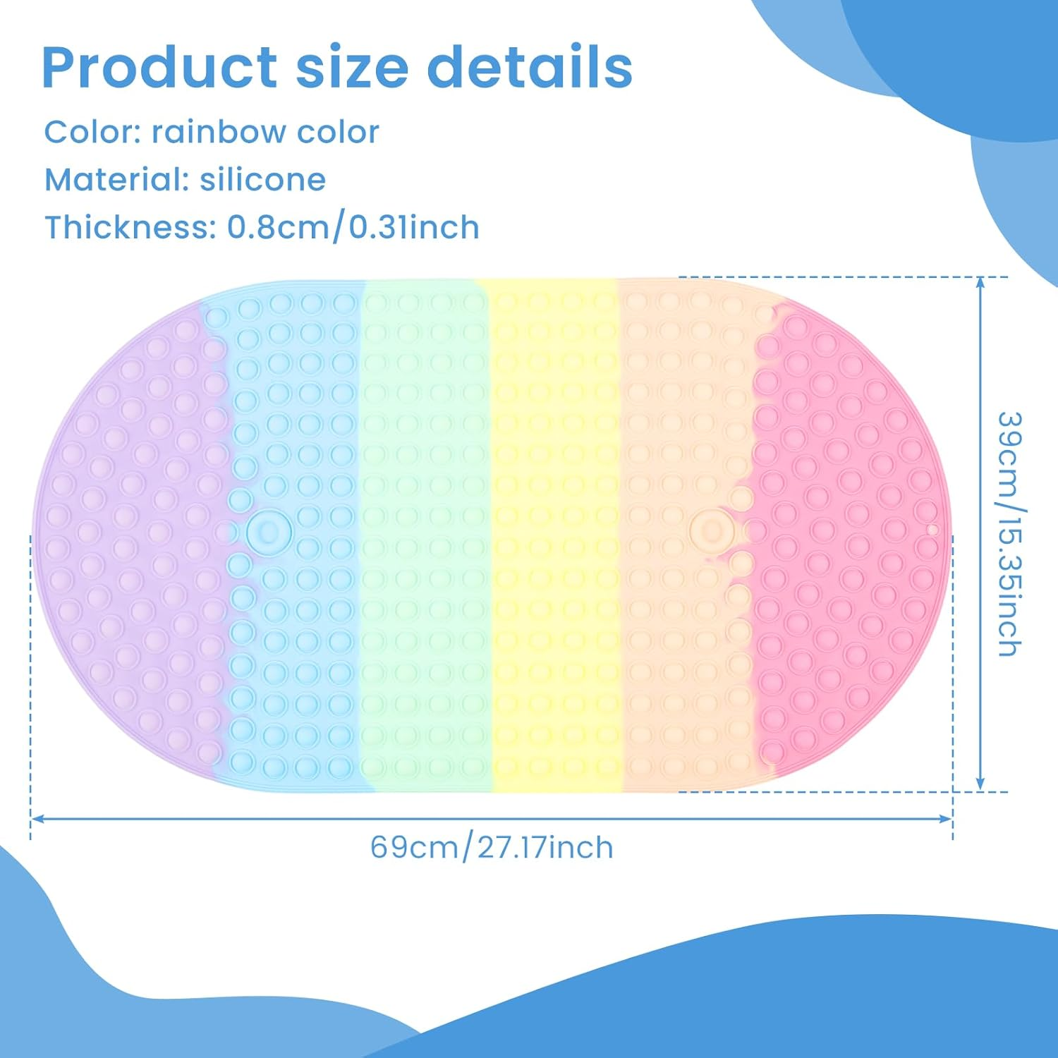 Baby Bath Mat for Tub Kids Non Slip 27"X15" Colourful Bathtub Mats with Push Bubbles & Suction Cups for Bathroom Shower Room (Colorful, 1Pc) image number 2