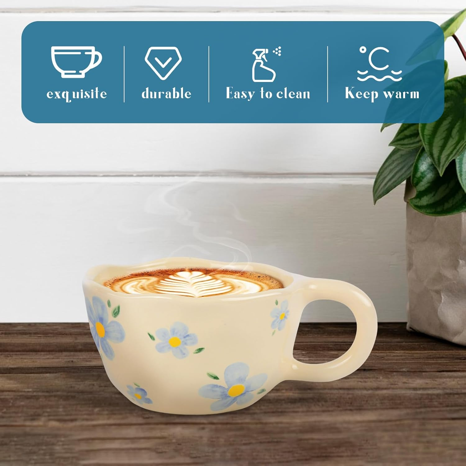 Ceramic Coffee Mug, Creative Flower Cup for Office and Home, Dishwasher and Microwave Safe, 10.15 Oz/300 Ml for Latte Tea Milk (Blue Flower) image number 3