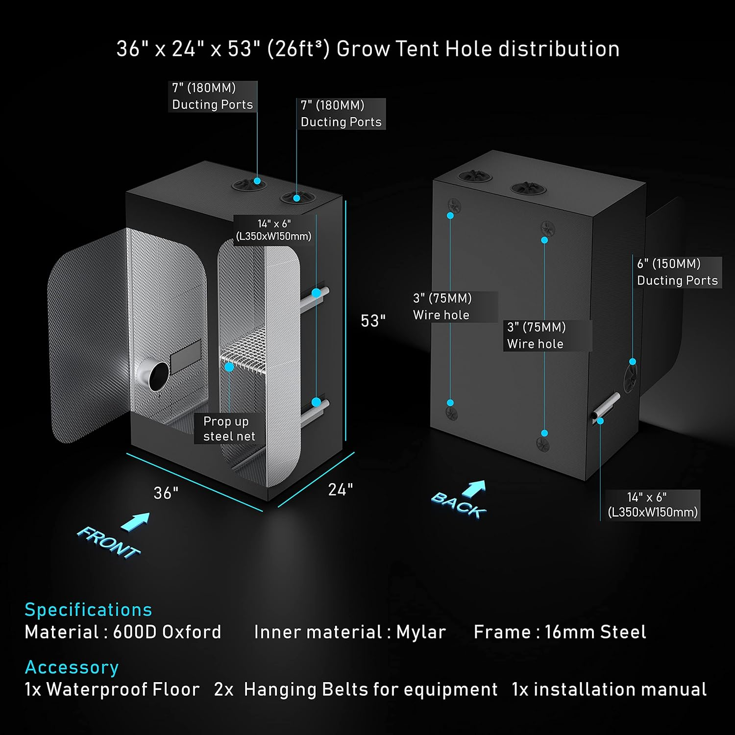 120X90X180Cm 2 in 1 Grow Light Tent Hydroponics Growing System Indoor Greenhouse Indoor Plant Kits, 600D Oxford Cloth Black Exterior and Steel Frame 100% Reflective for Hydroponics Grow System