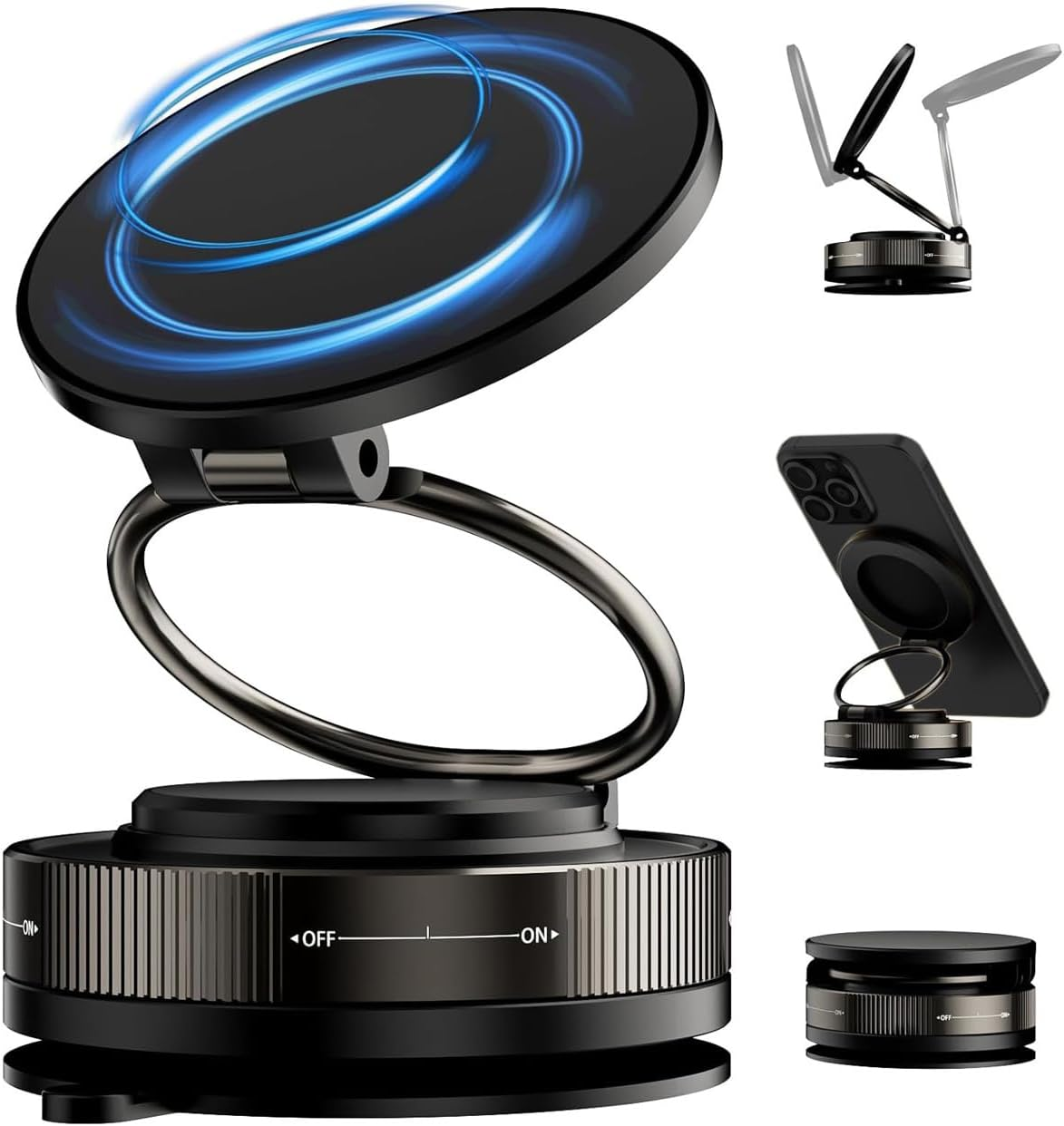 For Magsafe Car Mount 360&deg; Adjustable Vacuum Magnetic Phone Holder for Car, Portable Cell Phone Holder for Makeup/Gym/Mirror, Fit for All Smartphones, Black