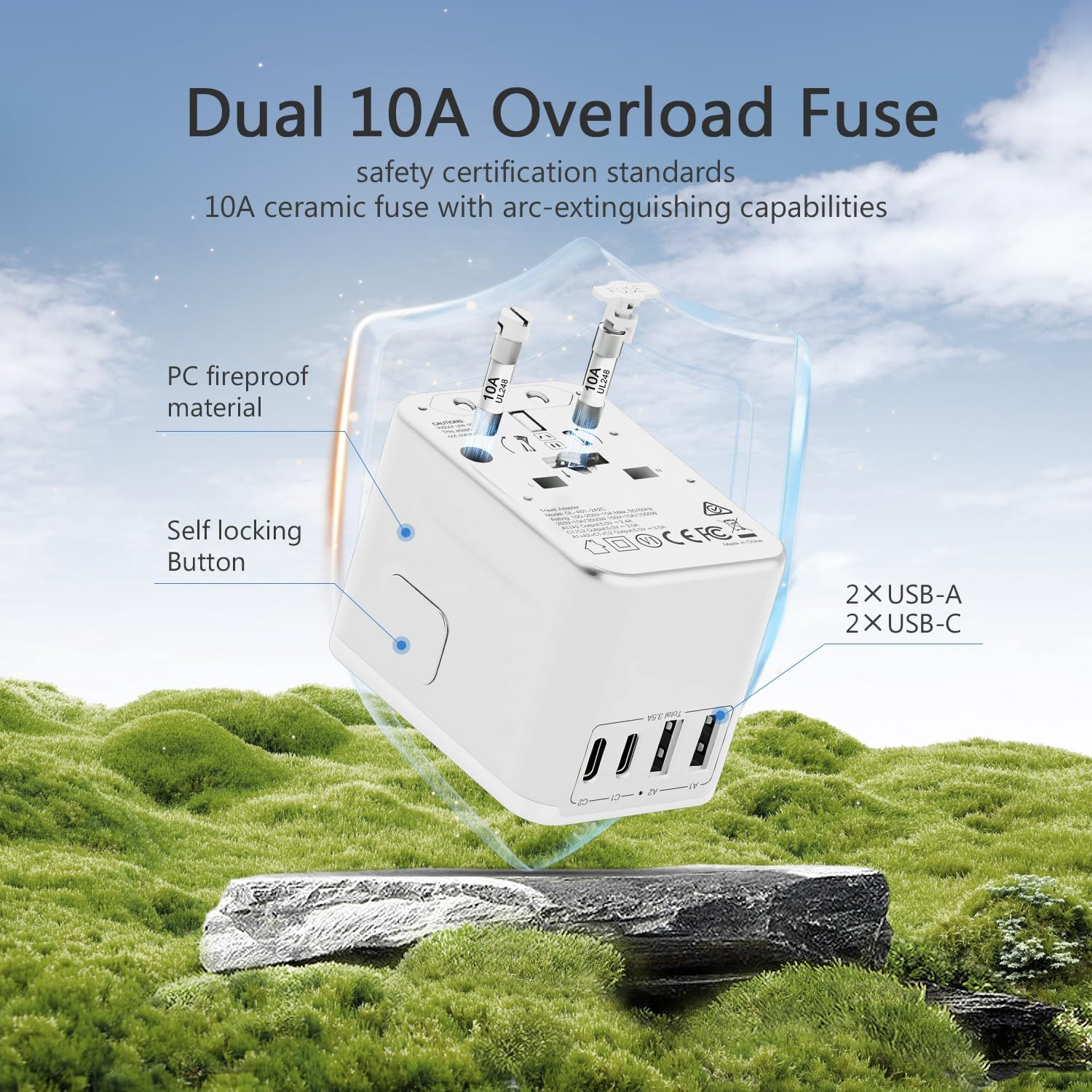 DISGIAN Travel Adapter,Universal Power Adaptor with Super Fast Charger 2 Port Type-C and 2 USB-A for Phone,Laptop,Tablet,Worldwide Travel Plug for Type A/C/G/I USA, Japan, UK, EU (White) - Green image number 7