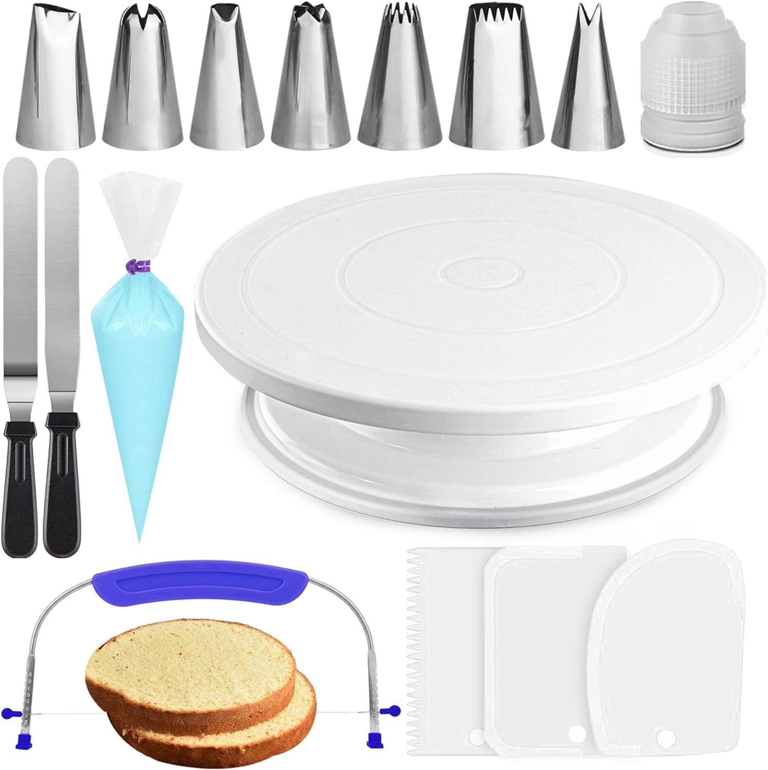 RFAQK 35Pcs Cake Turntable and Leveler-Rotating Cake Stand with Non Slip Pad-7 Icing Tips and 20 Bags- Straight & Offset Spatula-3 Sc Set -Ebook -Baking Tools