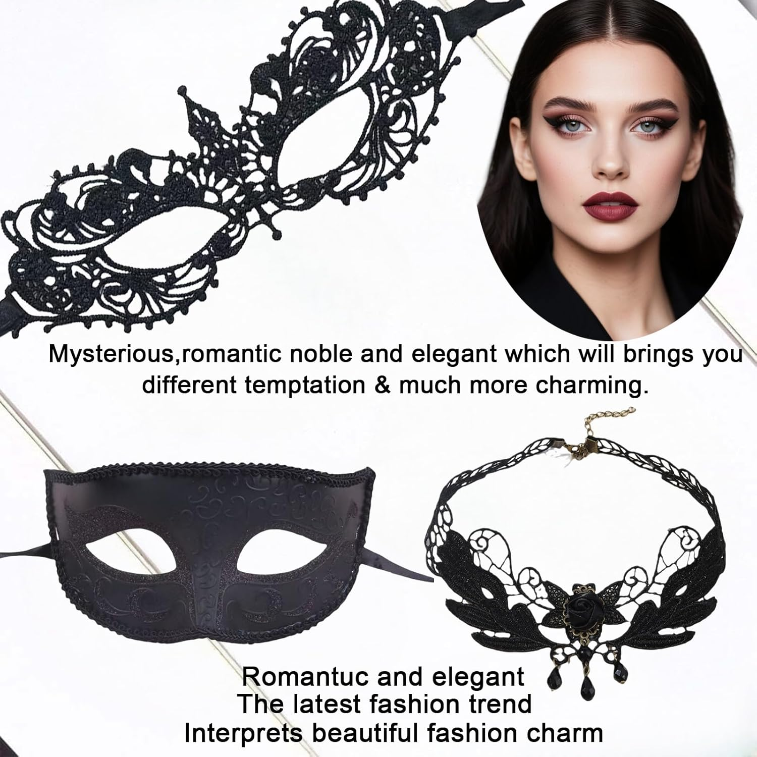 Women'S Masquerade Black Mask - Girl'S Sexy Lace Venetian Style Eye Masks for Cosplay, Halloween Party, Mardi Gras, Costume Ball (2 Masks + Choker) image number 4