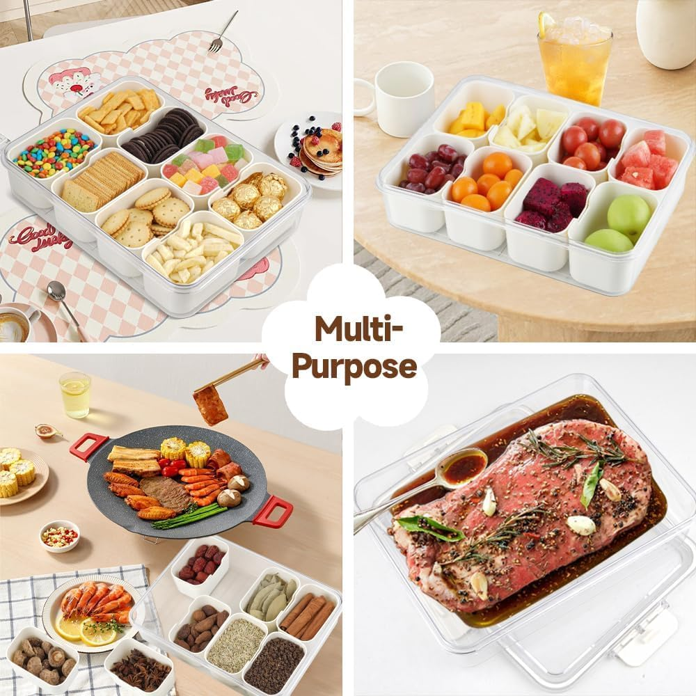 Snack Box Container, Divided Serving Tray Platter with Airtgiht Lid & Handle,8 Compartments Food Storage Lunch Organizer Kitchen Portable Platters Organizer for Candy Fruits Nuts Spices image number 1