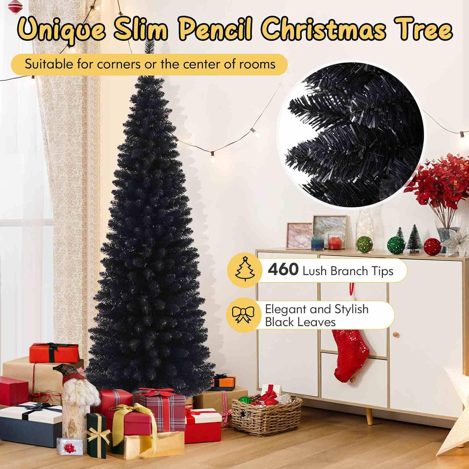 Costway 180 CM Black Artificial Halloween Christmas Tree, Slim Pencil Black Tree W/ 460 Branch Tips, Foldable Metal Stand, Corner Xmas Full Tree Carnival Decoration (180 Cm) image number 3