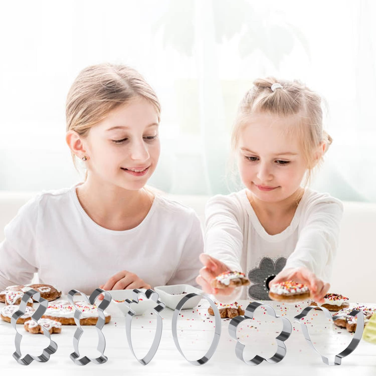 DERAYEE Easter Bunny Cookie Cutters, 7 Pack Easter Cookie Cutter for Baking Egg Cookie Cutter, Egg, Chick, Carrot, Flower, Butterfly Shapes image number 4