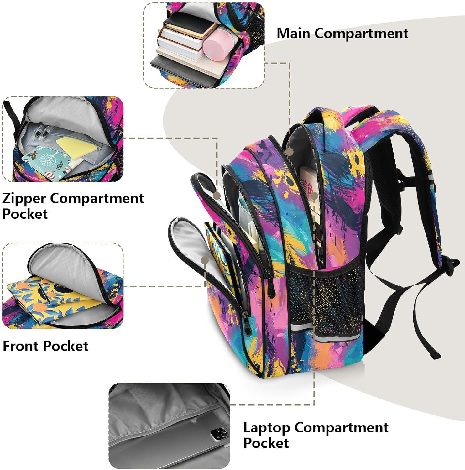 RPLIFE 15 Inch Backpack for School Boys Girls, Boys Elementary Backpack, Colorful Graffiti image number 1