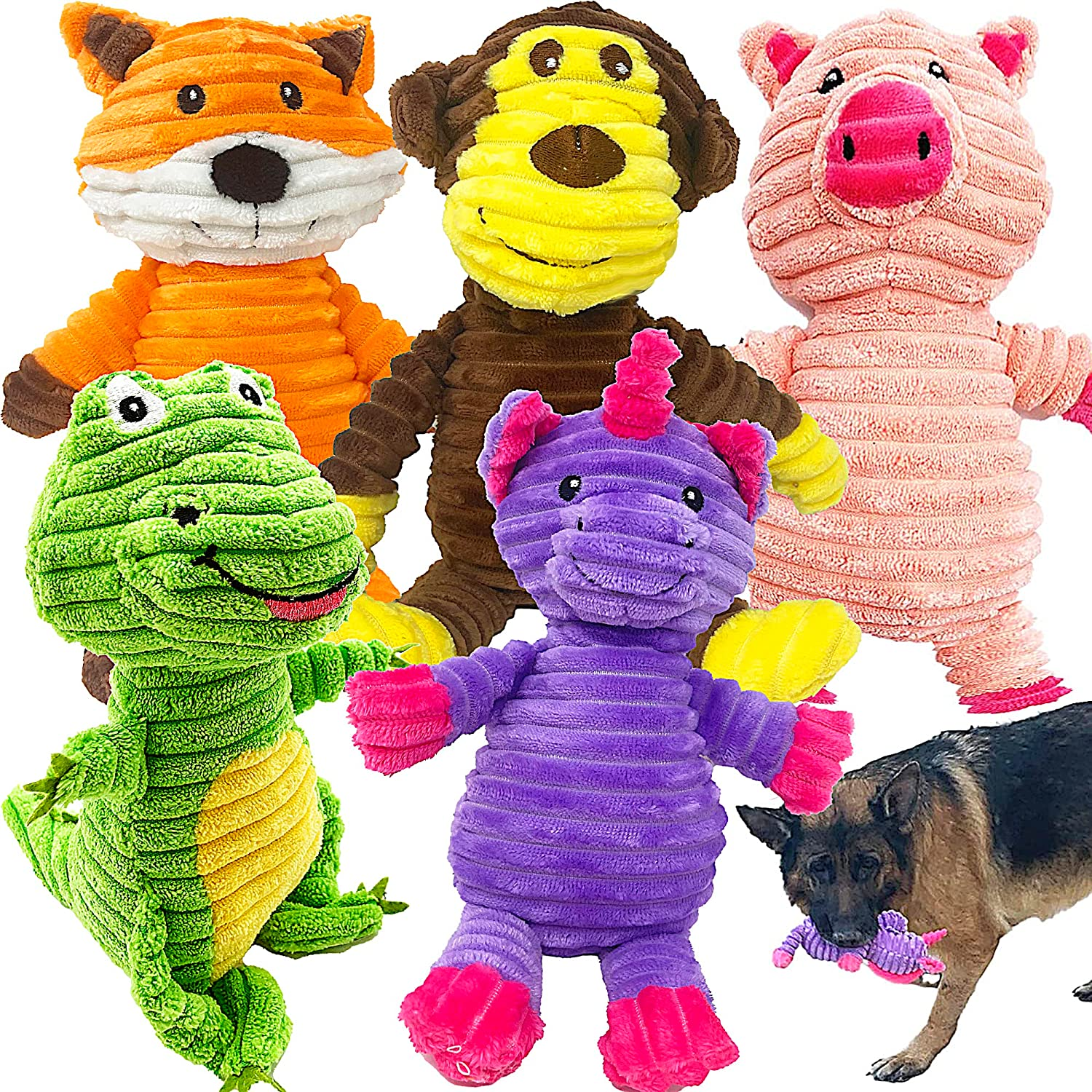 Jalousie Plush Toys Assortment Value Bundle Puppy Pet Mutt Squeak Toy for Medium Large Dogs (5 Pack Corduroy) image number 1