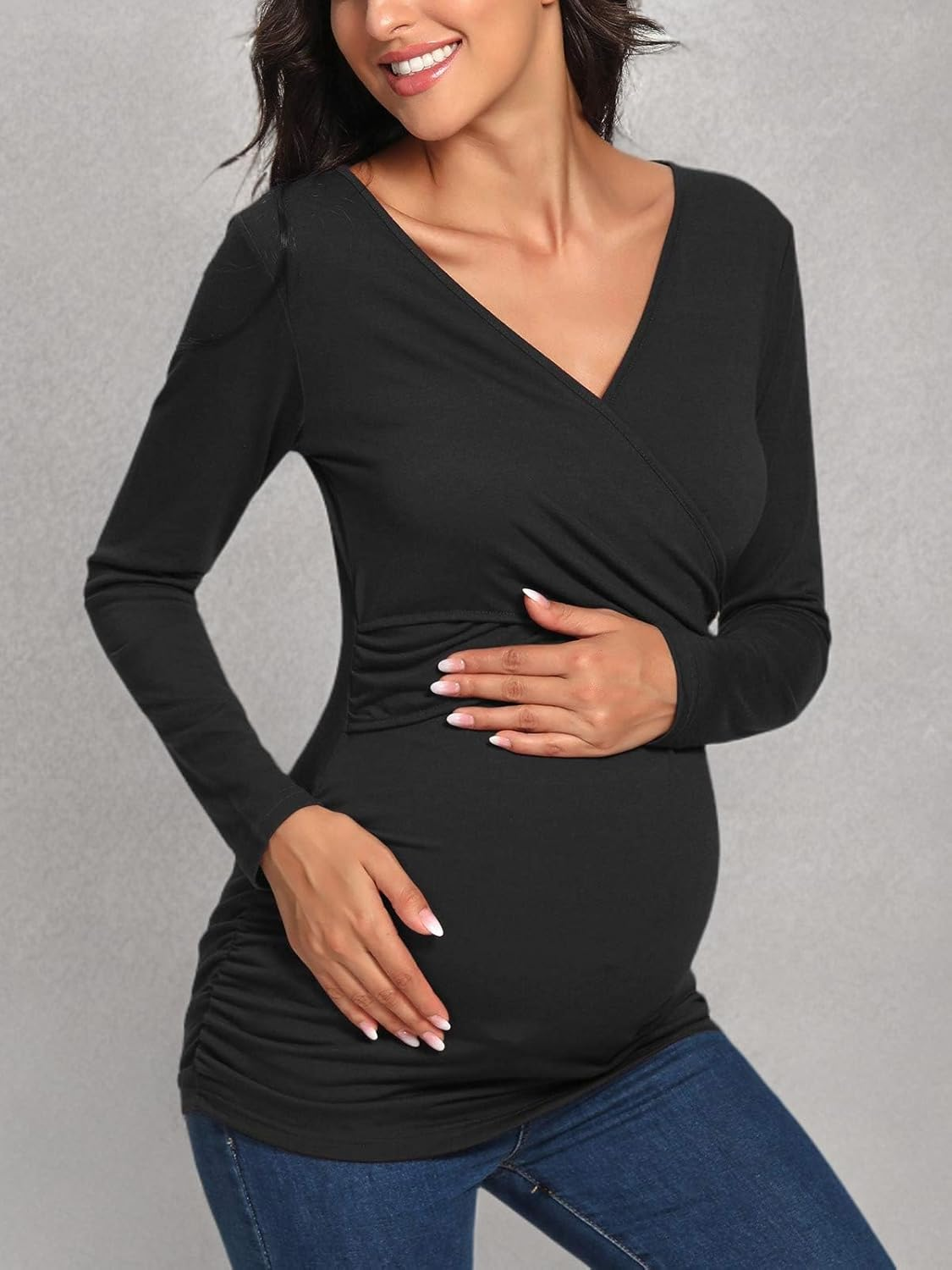 Glampunch Women'S Maternity Tops Long Sleeve Wrap Cross V Neck Nursing Tops for Breastfeeding Tee Shirts image number 1