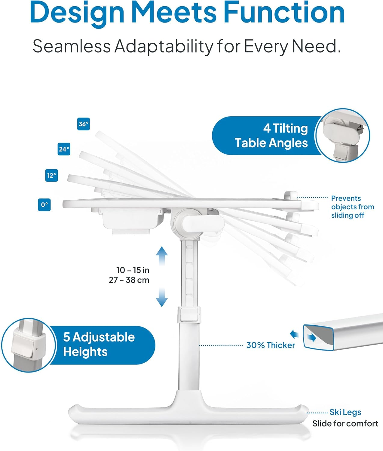Cooper Deskpro XL 23.6" Ergonomic Adjustable Laptop Bed Desk, Laptop Bed Table | Tray for Eating, Computer, Writing, Floor, Couch | Large Lap Desk for Adults | Leather, Drawer, Book Stand (White) image number 5