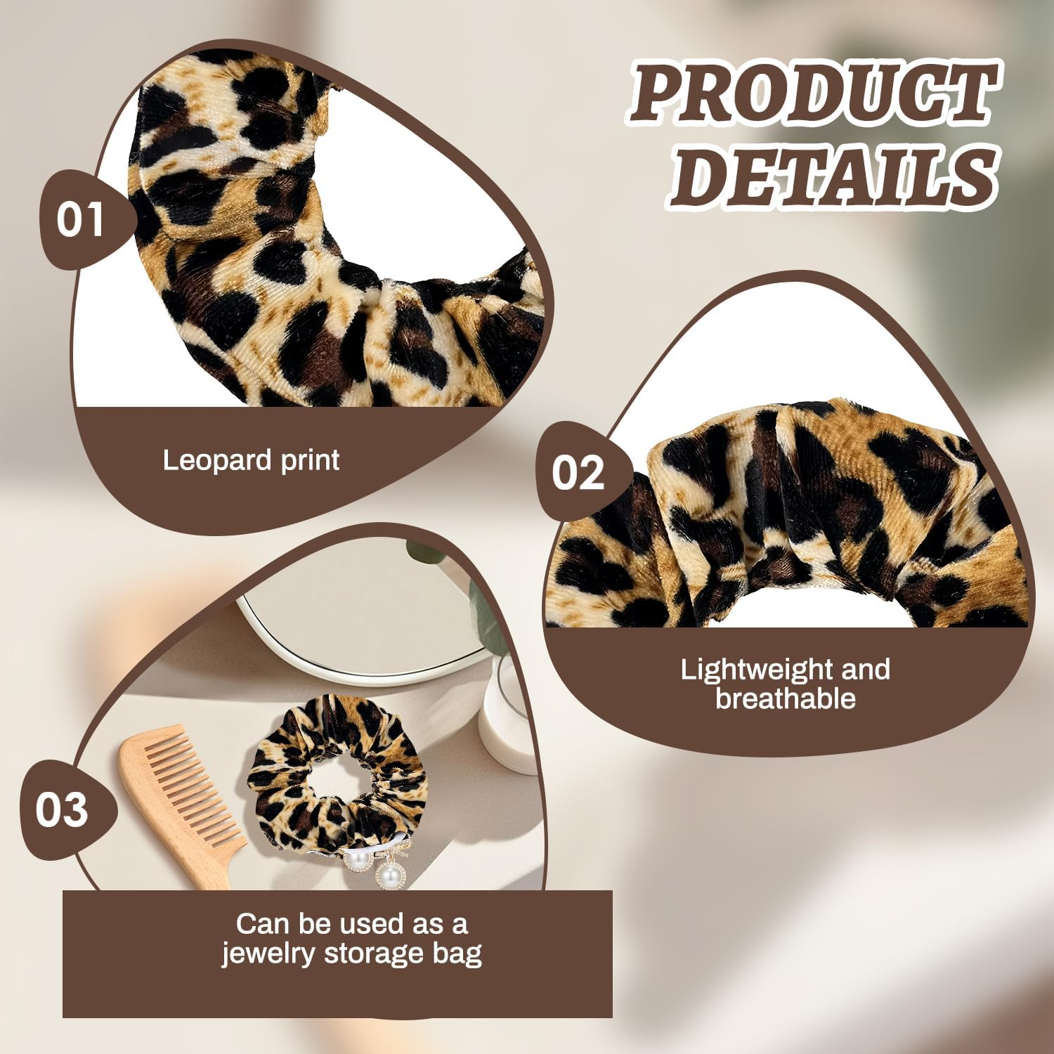 2 Pcs Leopard Print Scrunchies, Velvet Scrunchy for Women Girl Hair Soft Ropes Ponytail Holder Hair Accessories (Style 2) image number 5