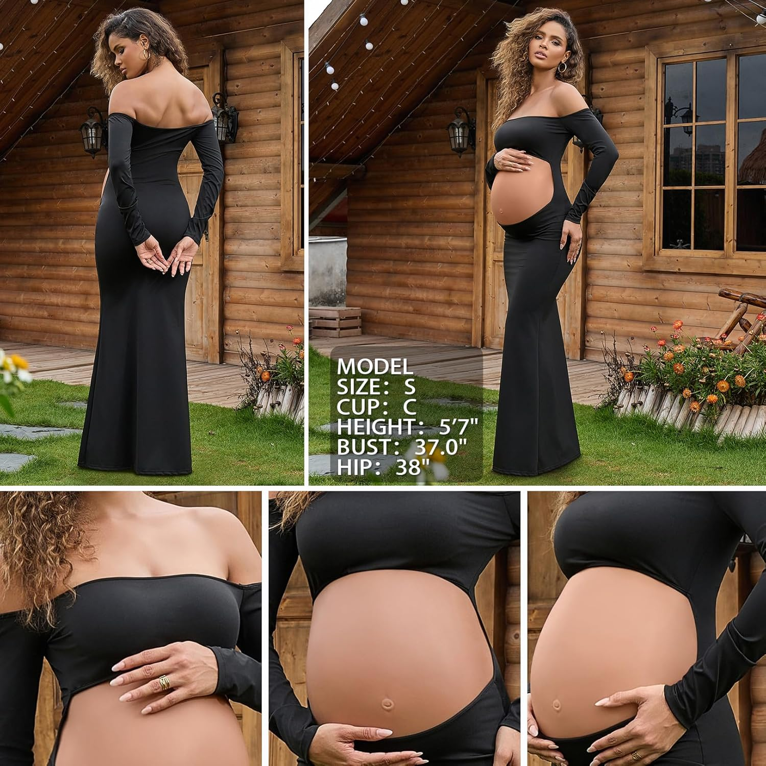 Bhome Maternity Dress for Photoshoot Sexy off Shoulder Long Sleeve Maxi Gown Pregnancy Cutout Dress for Baby Shower image number 3
