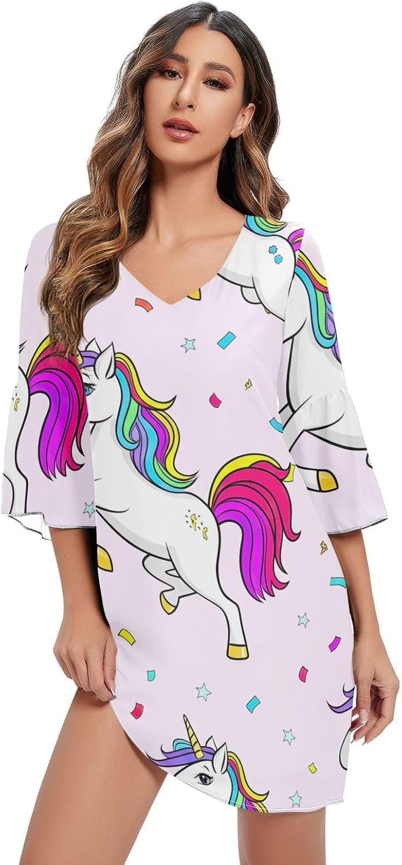 Playful Unicorn Pastel Purple Ladies Chiffon Dress Printed Maternity Dress Party S-XXL image number 5