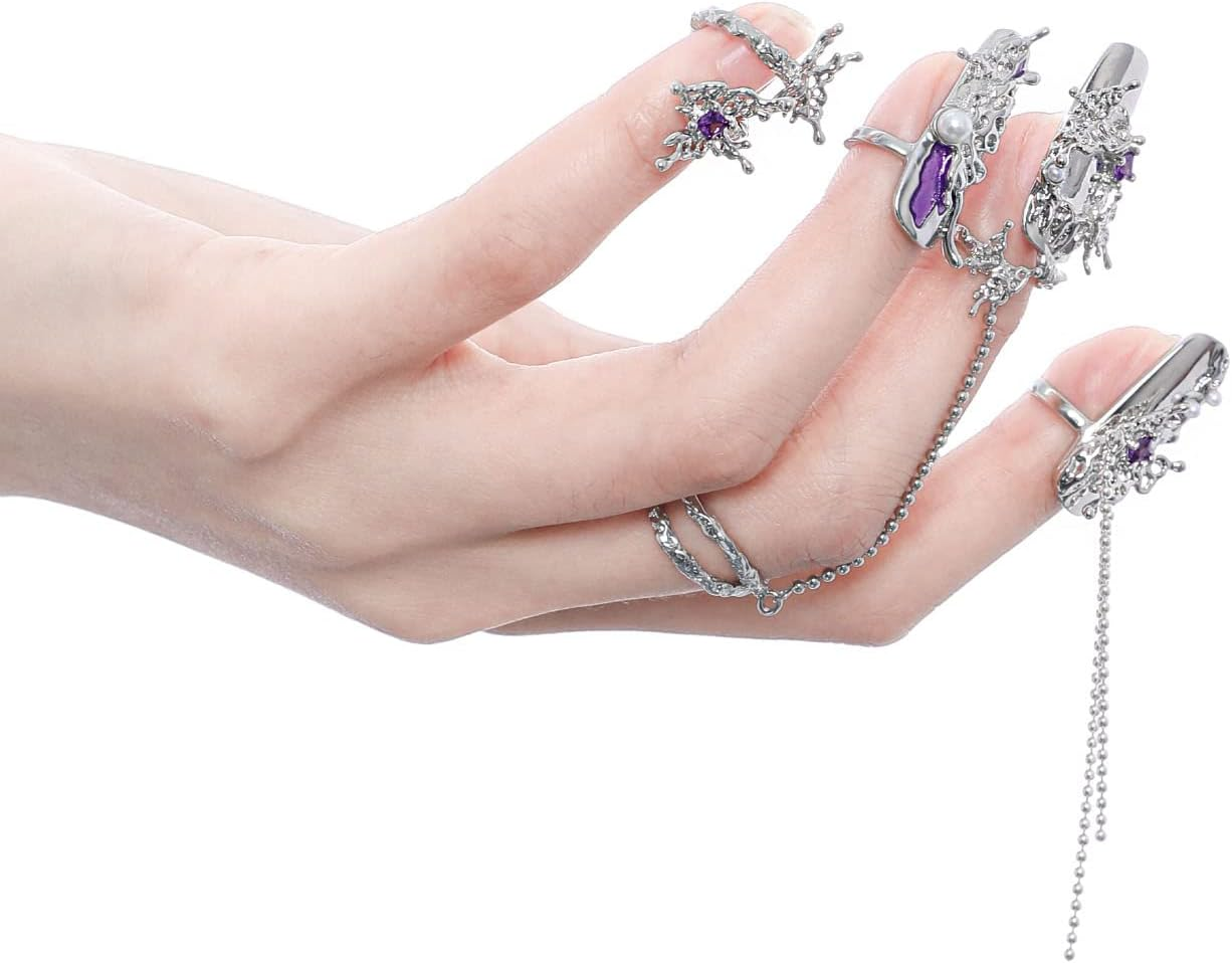 5Pcs Women Finger Tip Nail Rings, Adjustable Opening Nail Art Charms Accessories, Jewelry Fingernail Finger Tip Claw Nail, Fingernail Tip Fingernail Rings Set (Purple) image number 3