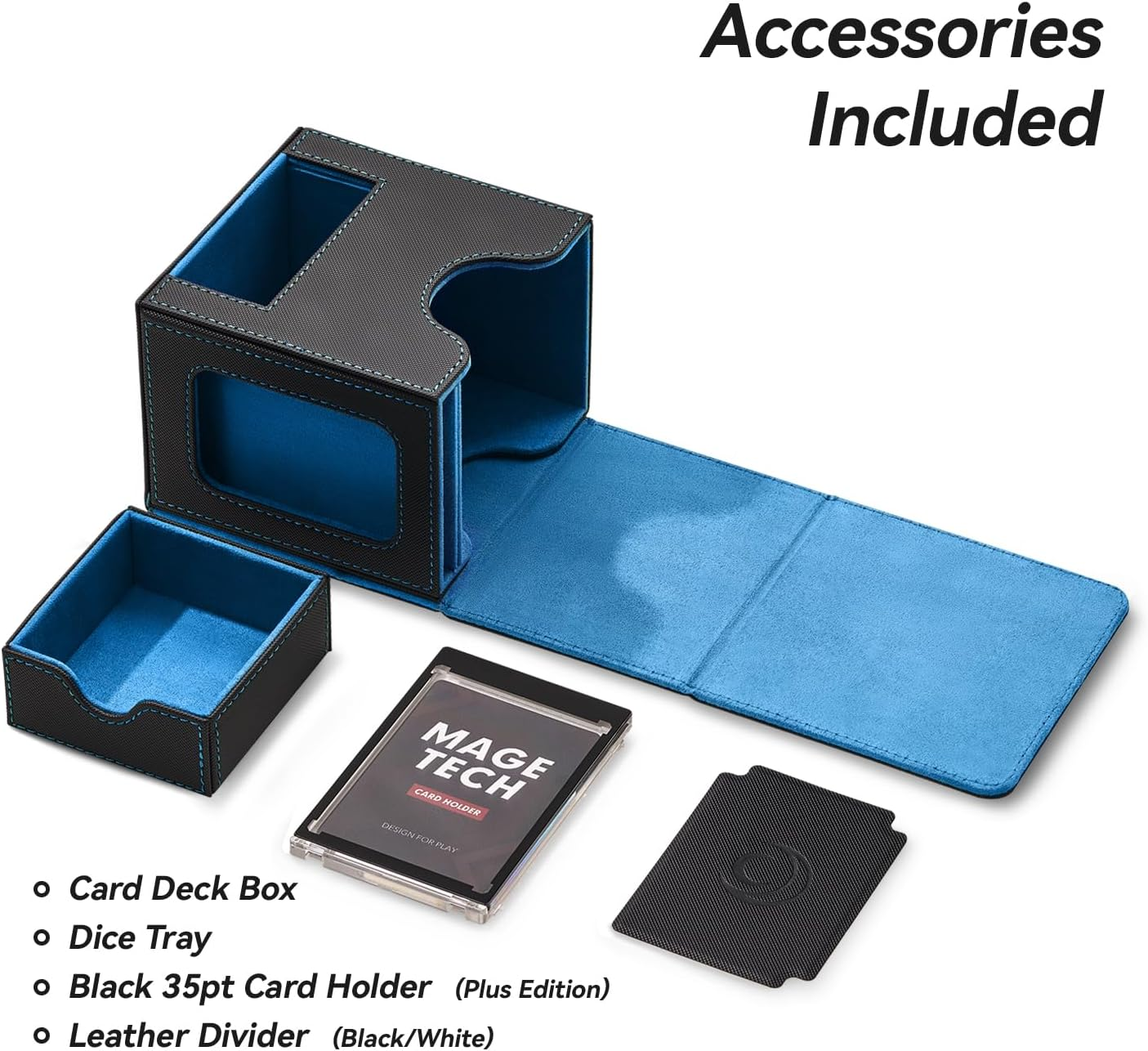 Mage Tech Card Deck Box for MTG Commander - Patented Design, Commander Display, Fits 100 Double-Sleeved Cards, 35Pt Card Brick & Dice Tray - Black/Blue image number 4