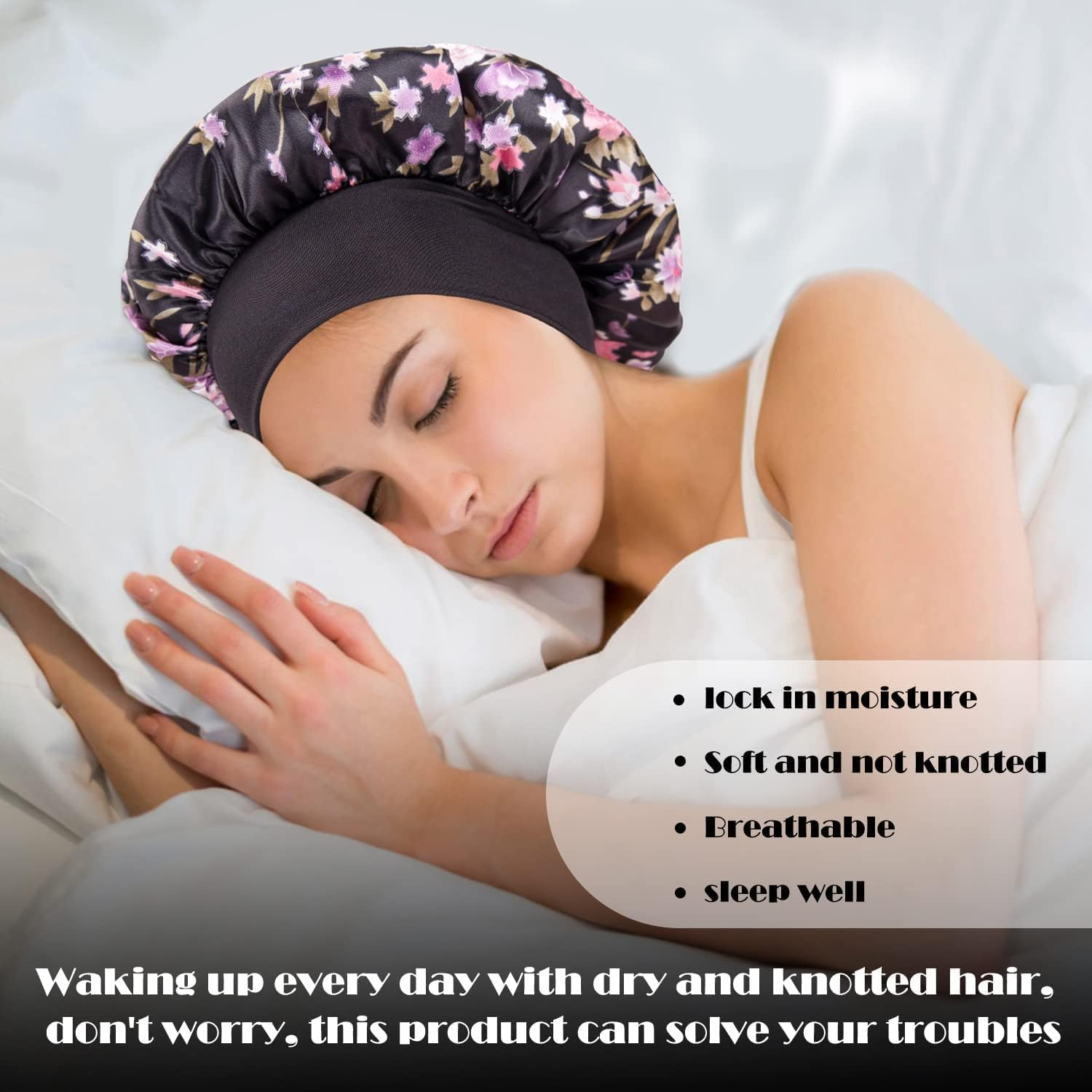 WUBAYI 3 Pcs Soft Satin Bonnet, Silk Bonnet Hair Wrap for Sleeping, Sleeping Hair Care Cap Bonnets, Night Sleeping Head Cover Sleeping Hat for Women and Girls Curly Hair image number 6