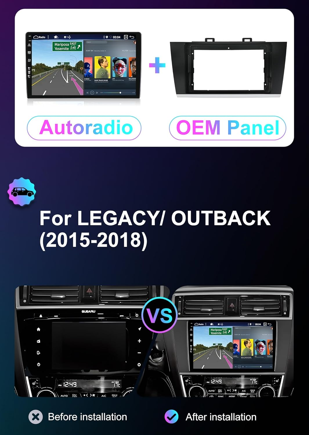 Android 14 IPS Car Stereo for Subaru Legacy Outback (2015-2019) - 2G+32G - Wireless Carplay/Android Auto - Rear Camera Free - 9 Inch 2 Din - DAB Steering Wheel Fast-Boot Bluetooth GPS Navi image number 3