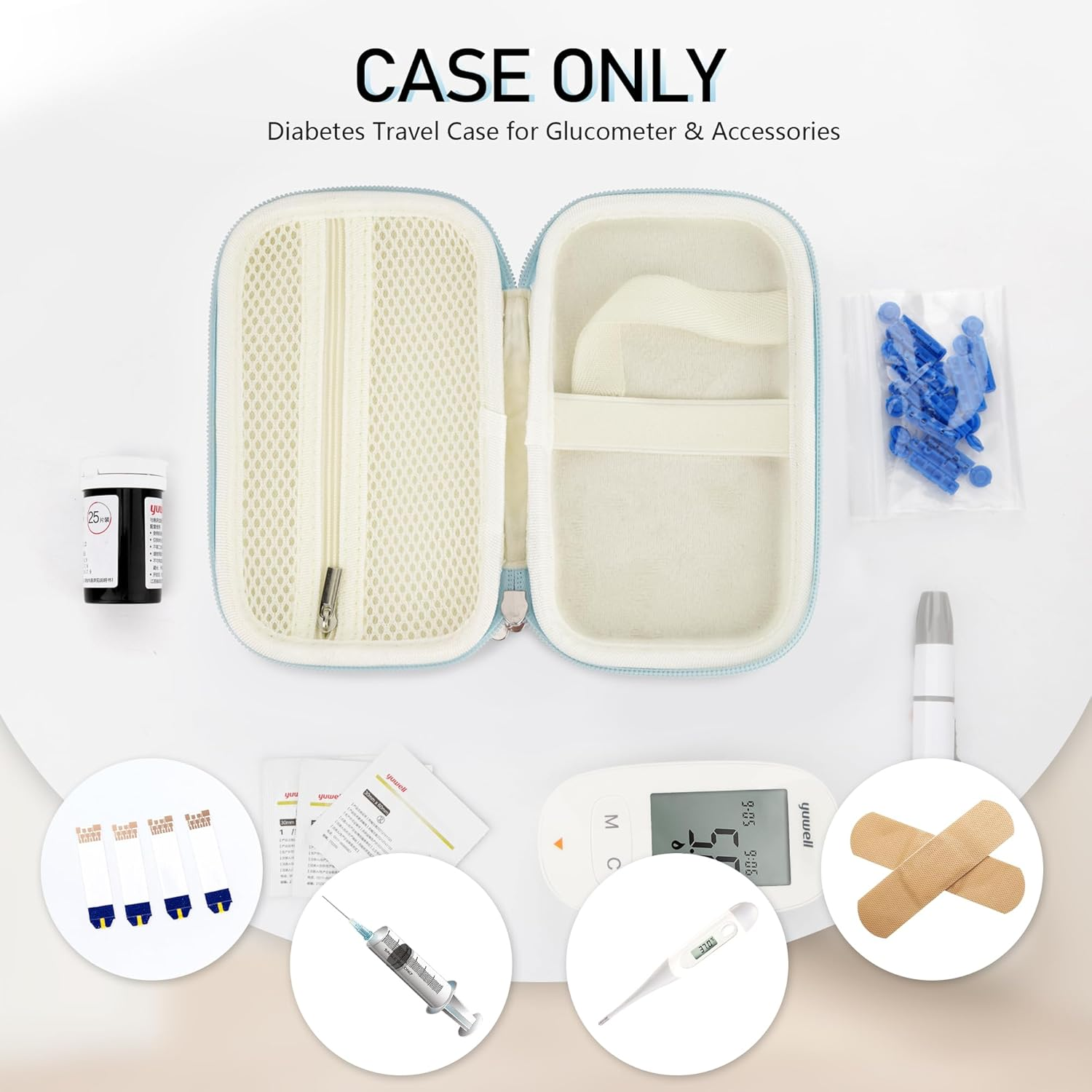 Hard Shell Diabetic Monitor Case, Glucose Meter Kit Storage Organizer, Diabetes Travel Bag for Glucometer, Supplies, Blood Sugar Test Strips, Lancets & Syringes (Blue, Medium) - Blue image number 1