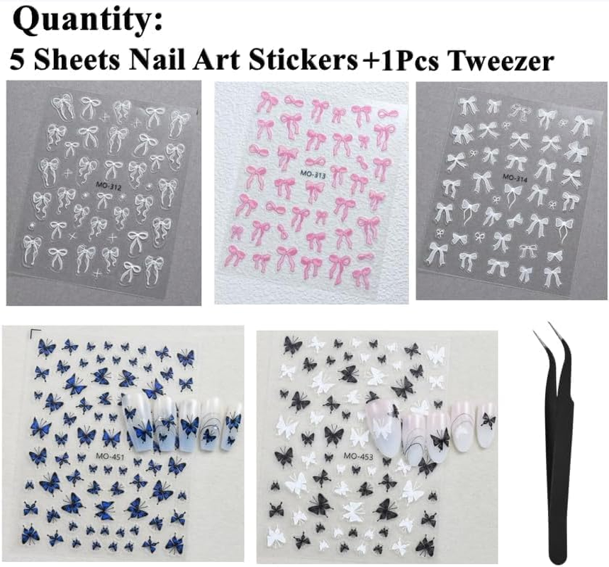 Nail Art Stickers Self-Adhesive Design, Butterfly & Bow Stickers for Nail Decoration - Set of 5 Sheets with Tweezers - Geiwogwc image number 1
