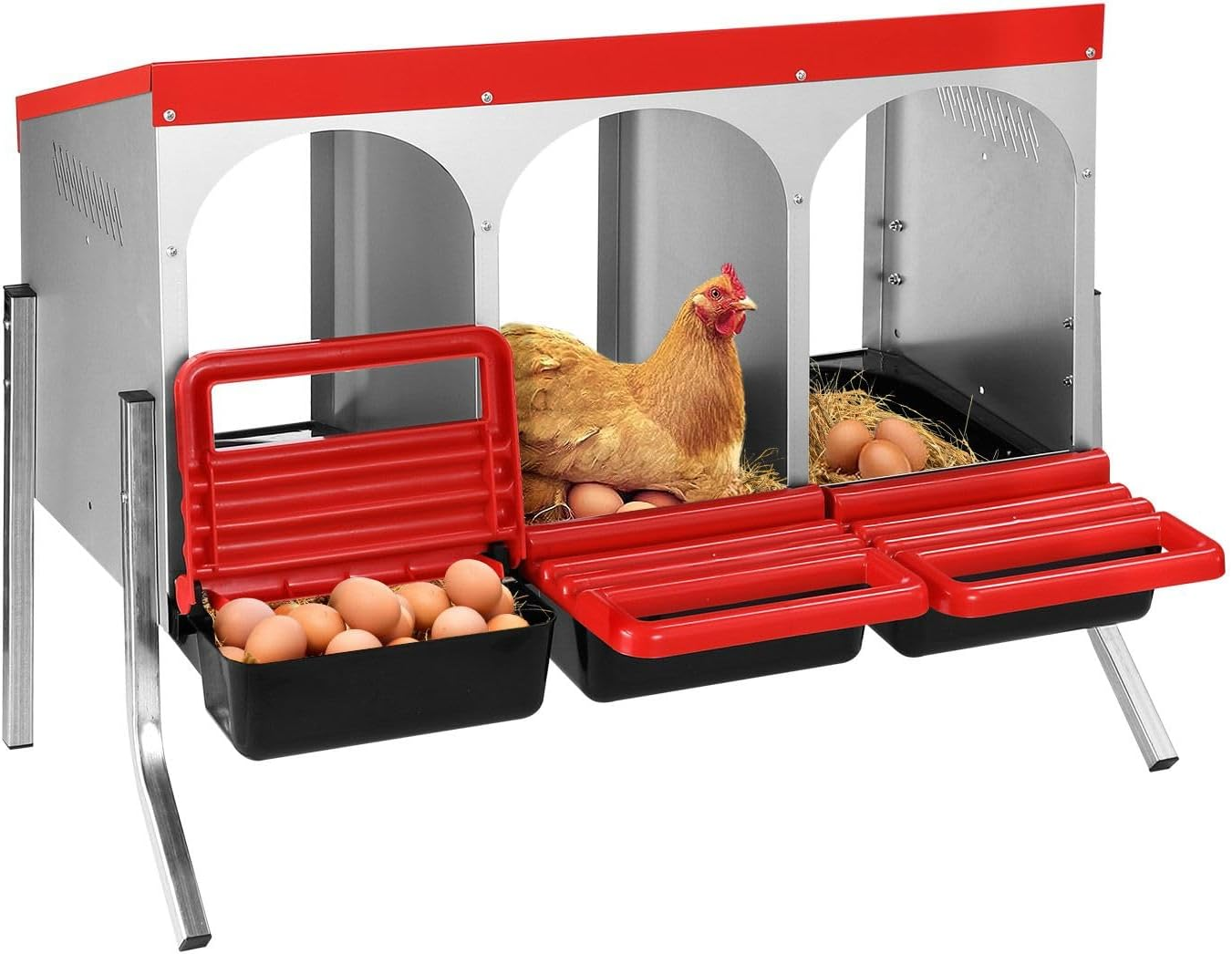 3 Hole Chicken Nesting Box Roll Away Hen Laying Nest Boxes Chook Coop Egg Brooder Poultry Roost Perch Galvanised Steel Plastic with Stand image number 1