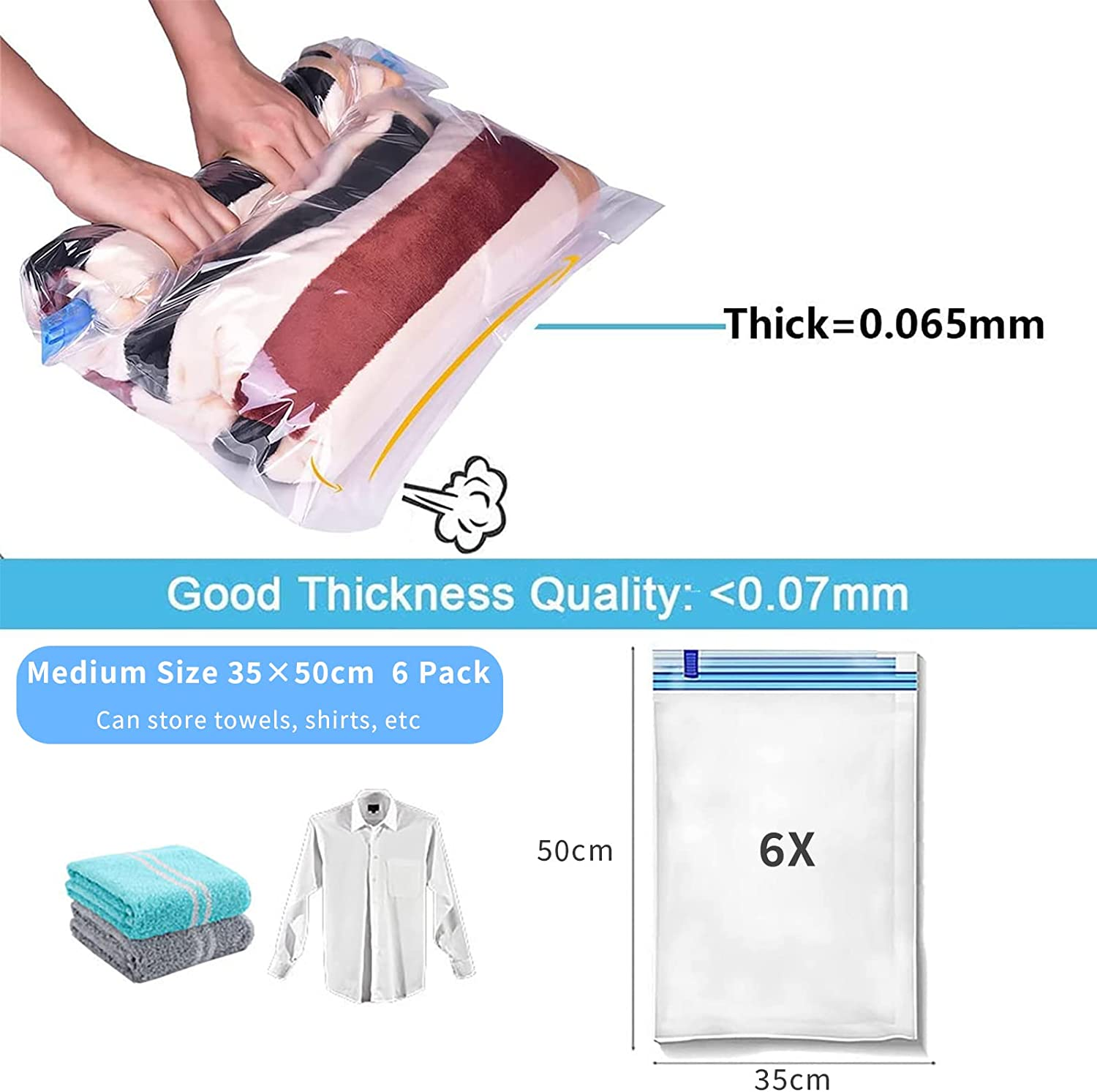 6 Pack Travel Space Saver Bags Vacuum Storage 35X50Cm,Compression Packing Cubes,Sealer Bag Roll-Up Compression Storage No Vacuum Needed and Packing Organizers for Travel, Comforters, Clothes image number 6