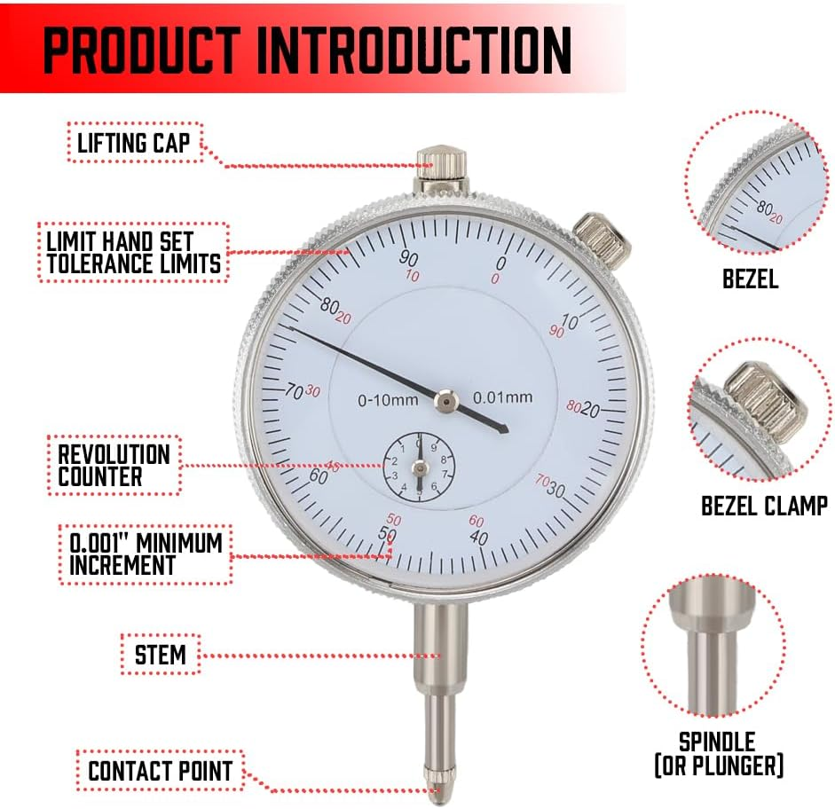 HORUSDY Dial Indicator Gauge Set with Magnetic Base, 0-10Mm Precision Dial Test Indicator with 22PCS Indicator Points, Machinist Measurement Tool for Engine, Automotive, Metalworking image number 5