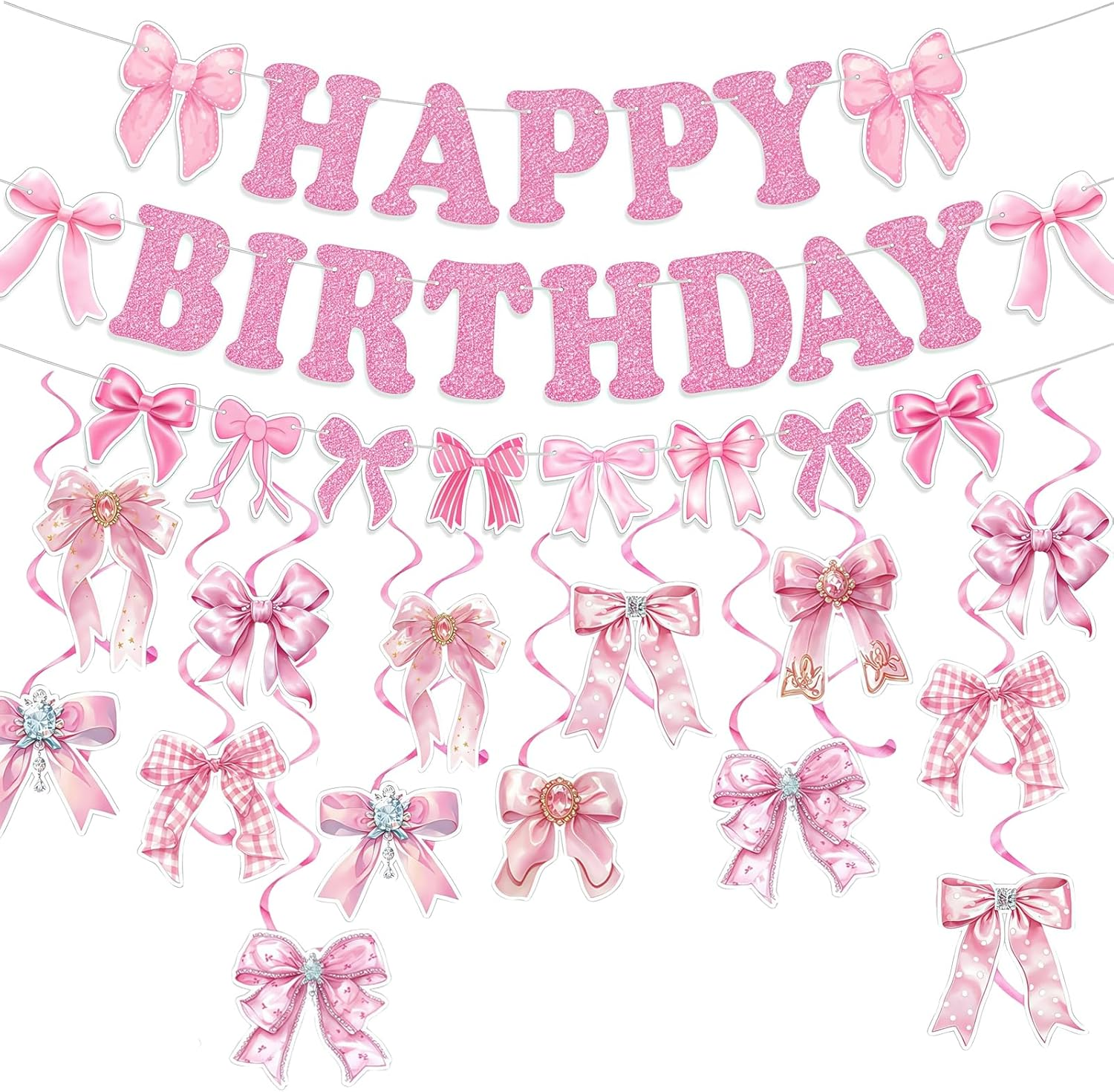 19Pcs Black Bowknot Happy Birthday Decorations,Black Bow Bunting Garland Party Birthday Banner Coquette Hanging Swirls Decorations for Girls Baby Shower Wedding Bowknot Party Supplies