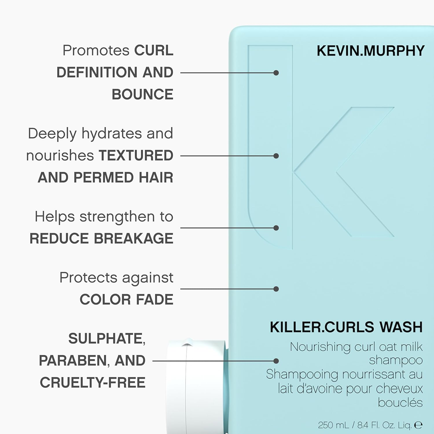 KEVIN.MURPHY KILLER.CURLS WASH Curly Hair Shampoo - for Curly & Permed Hair/Frizz & Dryness - Curl Defining, Moisturising, Sulphate Free Formula with Oat Milk & Soybean Oil - 250 Ml image number 4