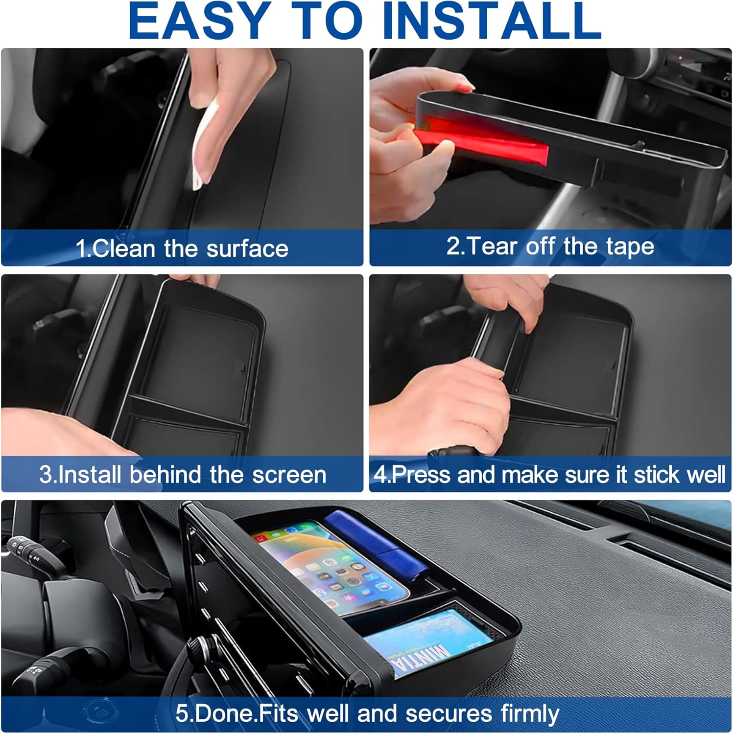 Car Dash Center Console Tray Compatible with 2019-2025 Toyota Rav4 8'' Screen, Dashboard Storage Organizer Tissue Sunglasses Holder for Phones, Keys & More, ABS Dash Storage Tray with Non-Slip Liners image number 2