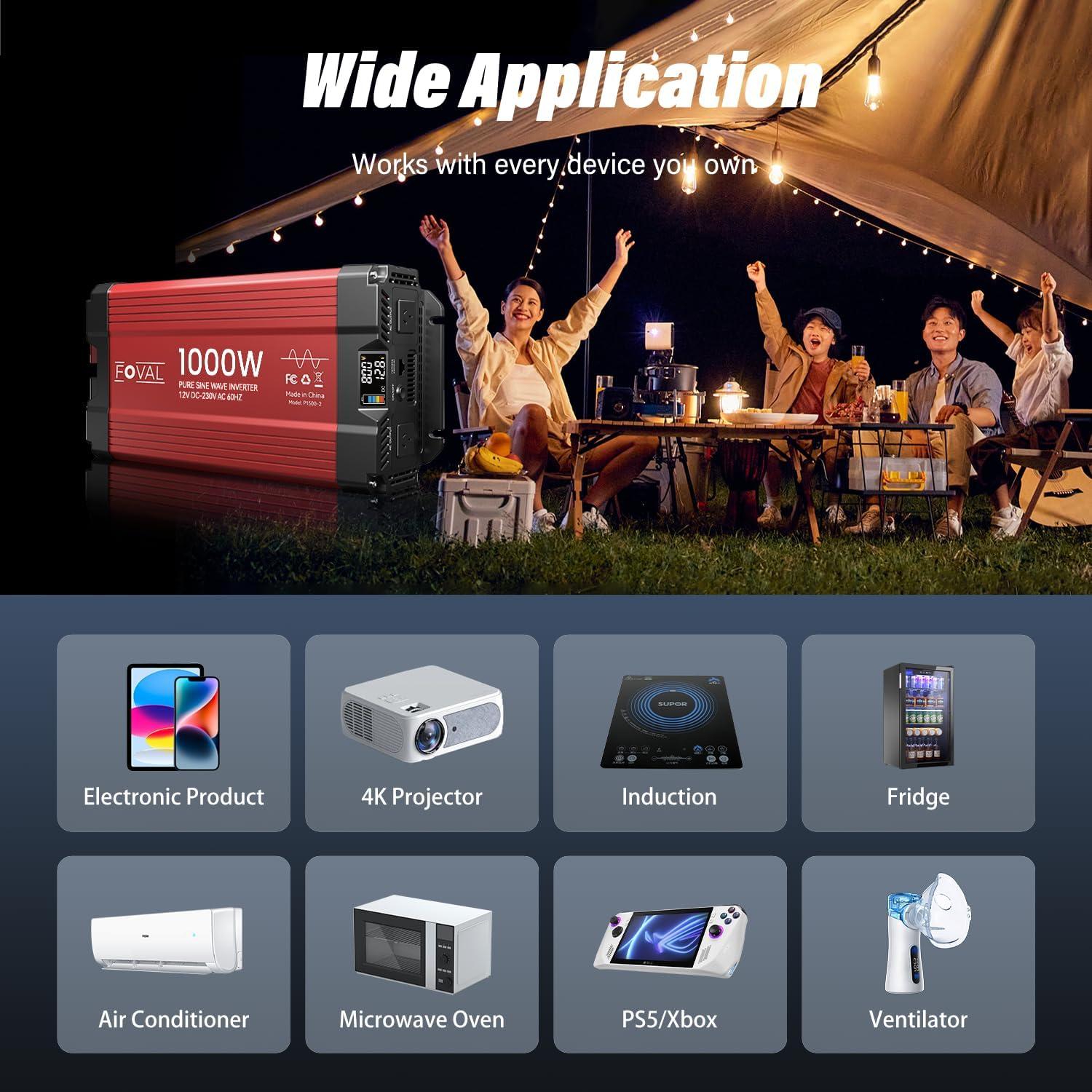 FOVAL 1000W Pure Sine Wave Inverter 12V DC to 230V AC Converter, 2000W Peak Power Inverter with LCD Display and 2 AC Outlets for Home, RV, Truck, and Off-Grid Solar System, Remote Controller image number 2