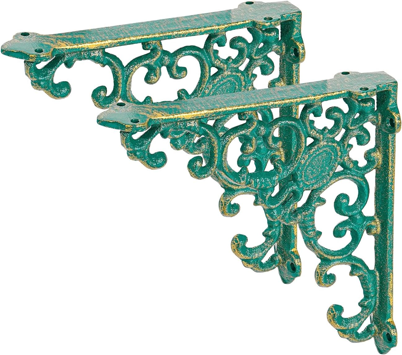Sungmor Vintage Cast Iron Shelf Brackets - Ornate Decorative Corner Shelf Supports, 2 Pack Garden Wall Hanging Bracket - 7.7 Inch Rustic Green Metal Corbels with Scroll Design, Indoor Outdoor Use image number 3