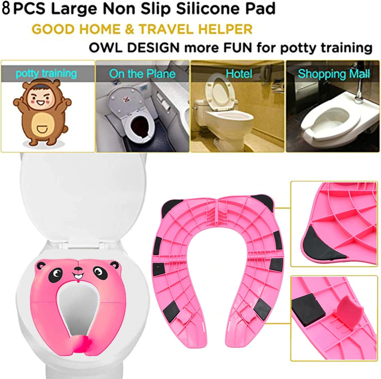 Meno Upgrade Portable Potty Seat with Splash Guard for Toddler, Foldable Travel Potty Seat with Carry Bag, Non-Slip Pads Toilet Potty Training Seat Covers for Baby, Toddlers and Kids (Pink) - White image number 5