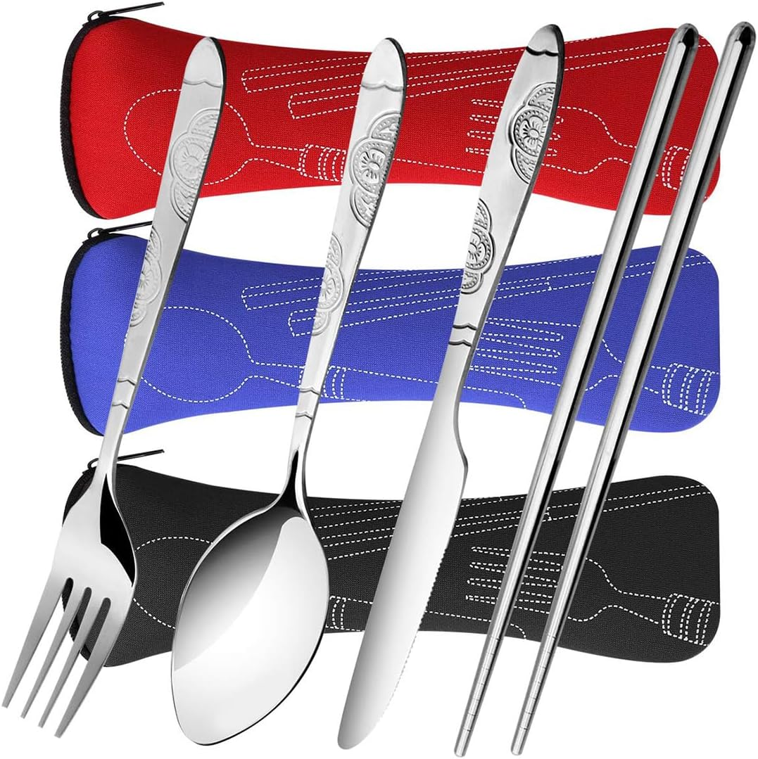 12 Pieces Portable Cutlery Set, 3 Pack Reusable Flatware Sets Knife, Fork, Spoon, Chopsticks, Stainless Steel Tableware Dinnerware with Carrying Case for Camping Picnic Working Hiking image number 2
