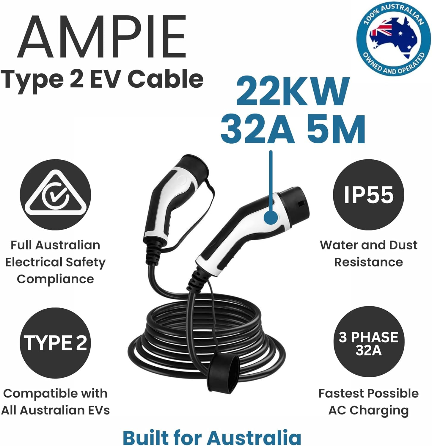 AMPIE Type 2 Electric Vehicle Fast Charging Cable | 22KW | 32A | 3 Phase | 5 Meter image number 2