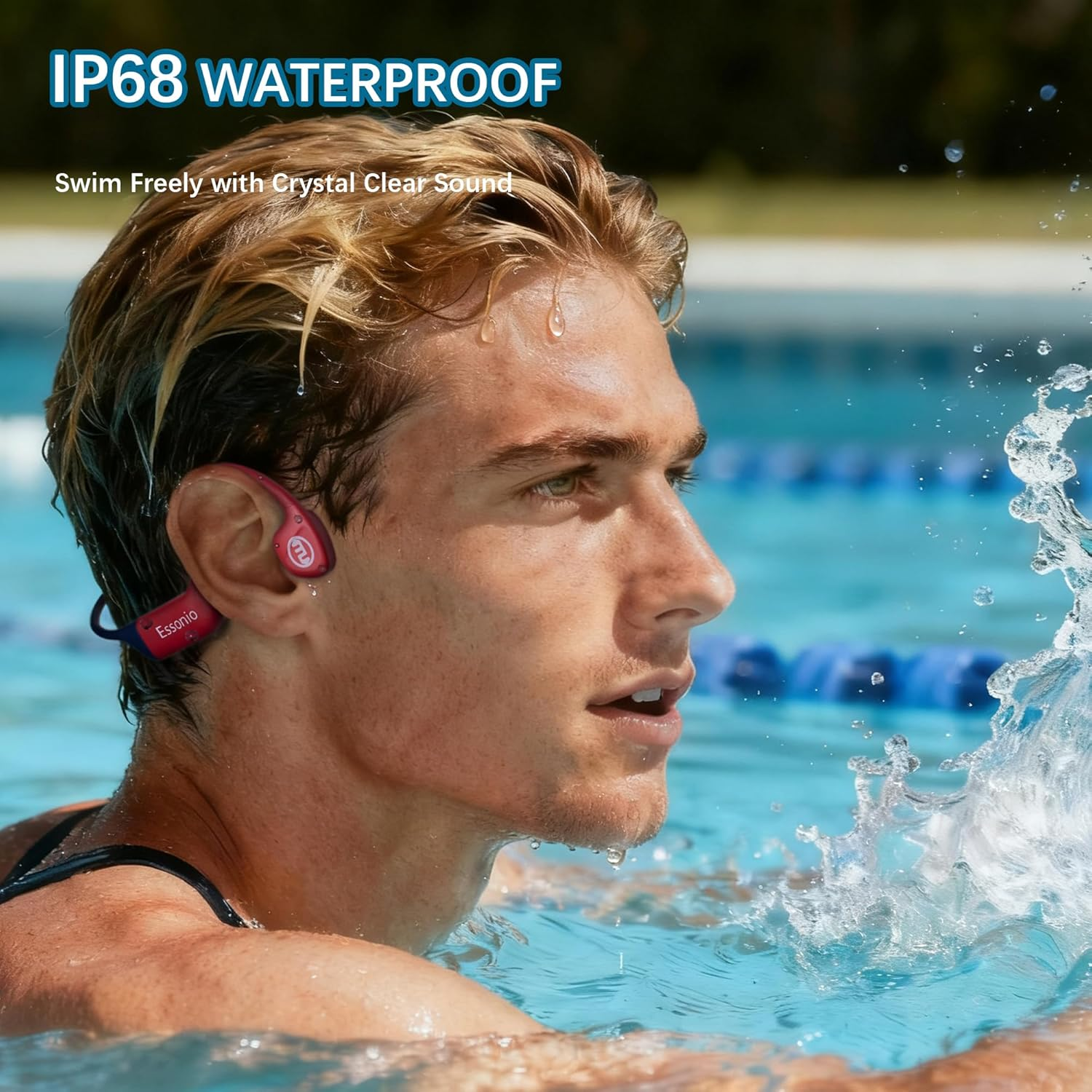Essonio Usa Bone Conduction Headphones IP68 Waterproof Swimming Headphones with Mic Bluetooth Open Ear Earbuds with MP3 Mode 32GB Memory Deep Bass Secure Fit for Running, Cycling and Fitness, Blue - Bluered image number 2