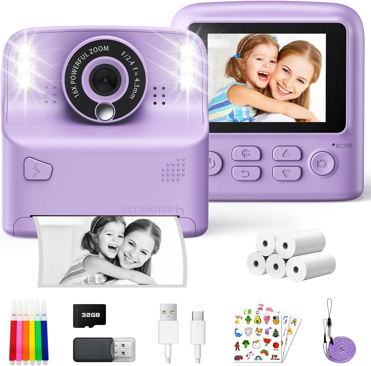 Kids Instant Print Camera with 2 Flash Lights, Children Selfie Digital Camera with 2.4 Inch Screen, 32GB Card, 5 Rolls Print Paper for Age 3-12 Girls Boys Toy Gifts Travel (Blue)