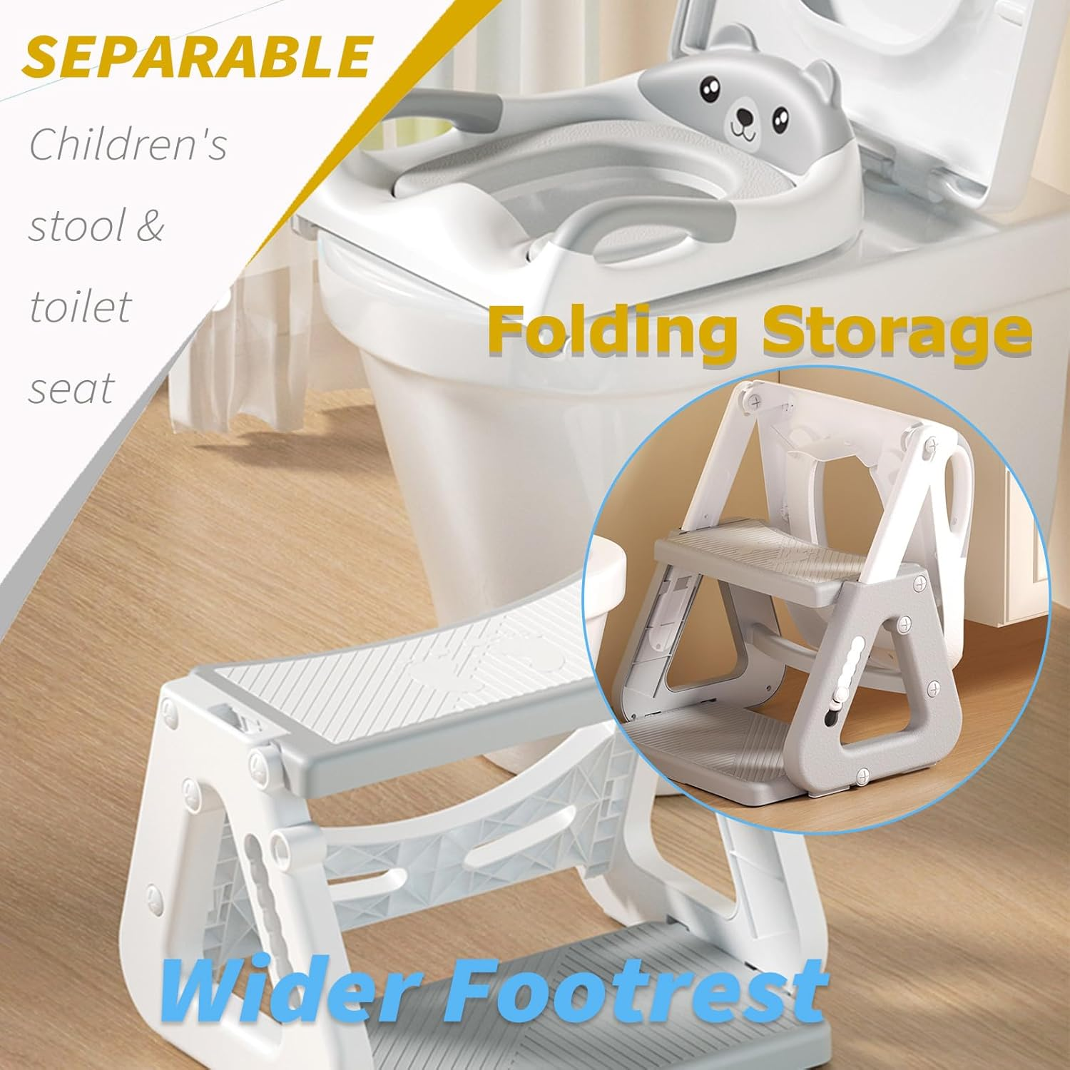 2-In-1 Potty Training Seat, Height-Adjustable Stability Training Potty Seat for Children - Step Folding Toilet Seat with Splash Guard, Anti-Slip Pad, Step Stool, Safety Handles, PU Cushion